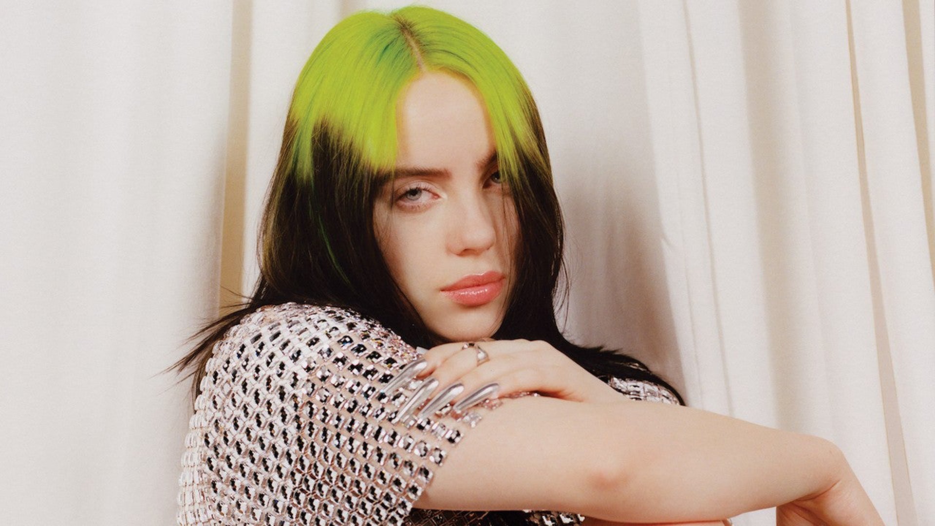 1920x1080 Green Black Hair Billie Eilish Is Wearing Glittering Dress HD Billie Eilish Wallpaper