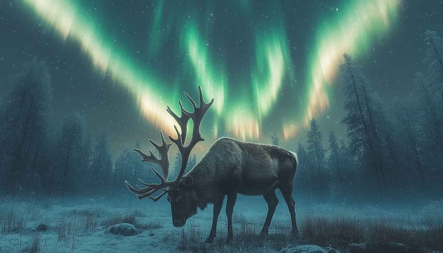 1456x832 Reindeer Under Aurora Borealis 4K Wallpaper For PC Forest Desktop Background