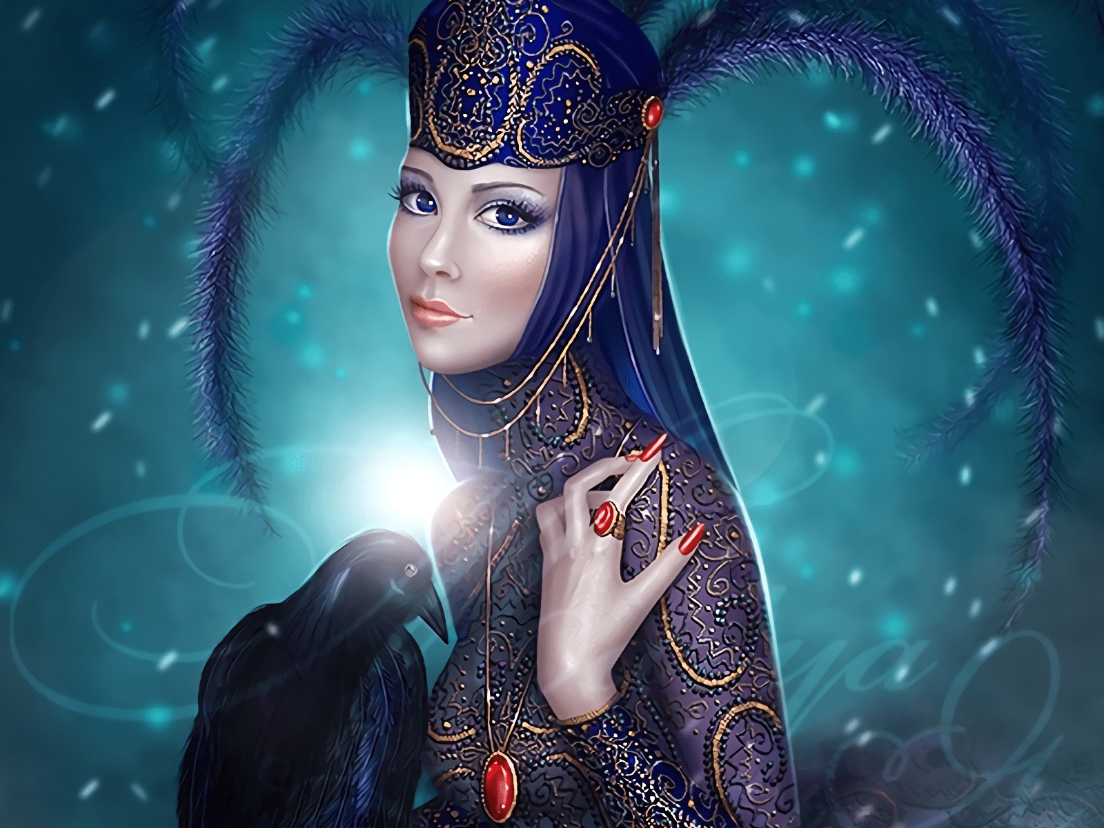 1600x1200 Enchanted Raven Queen: Fantasy HD Wallpaper of a Crowned Woman