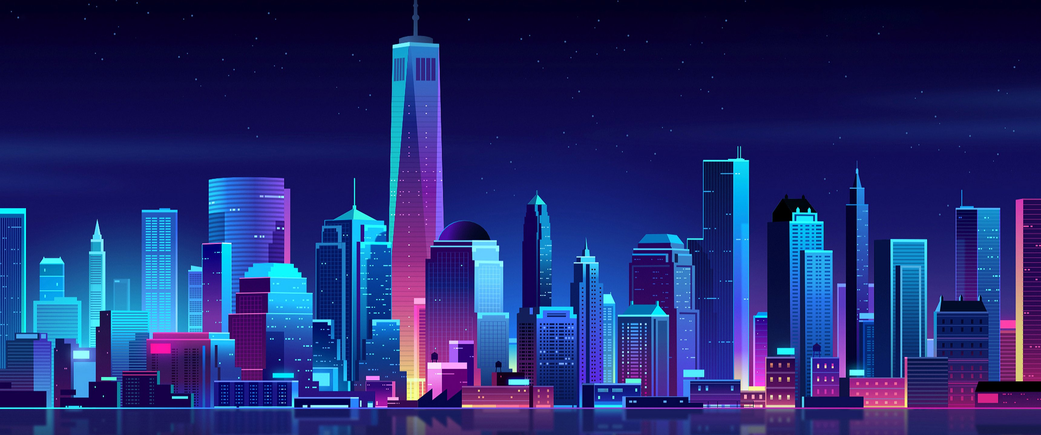3440x1440 Download New York, Buildings, City, Night, Minimalism Wallpaper in 3440x1440 Resolution