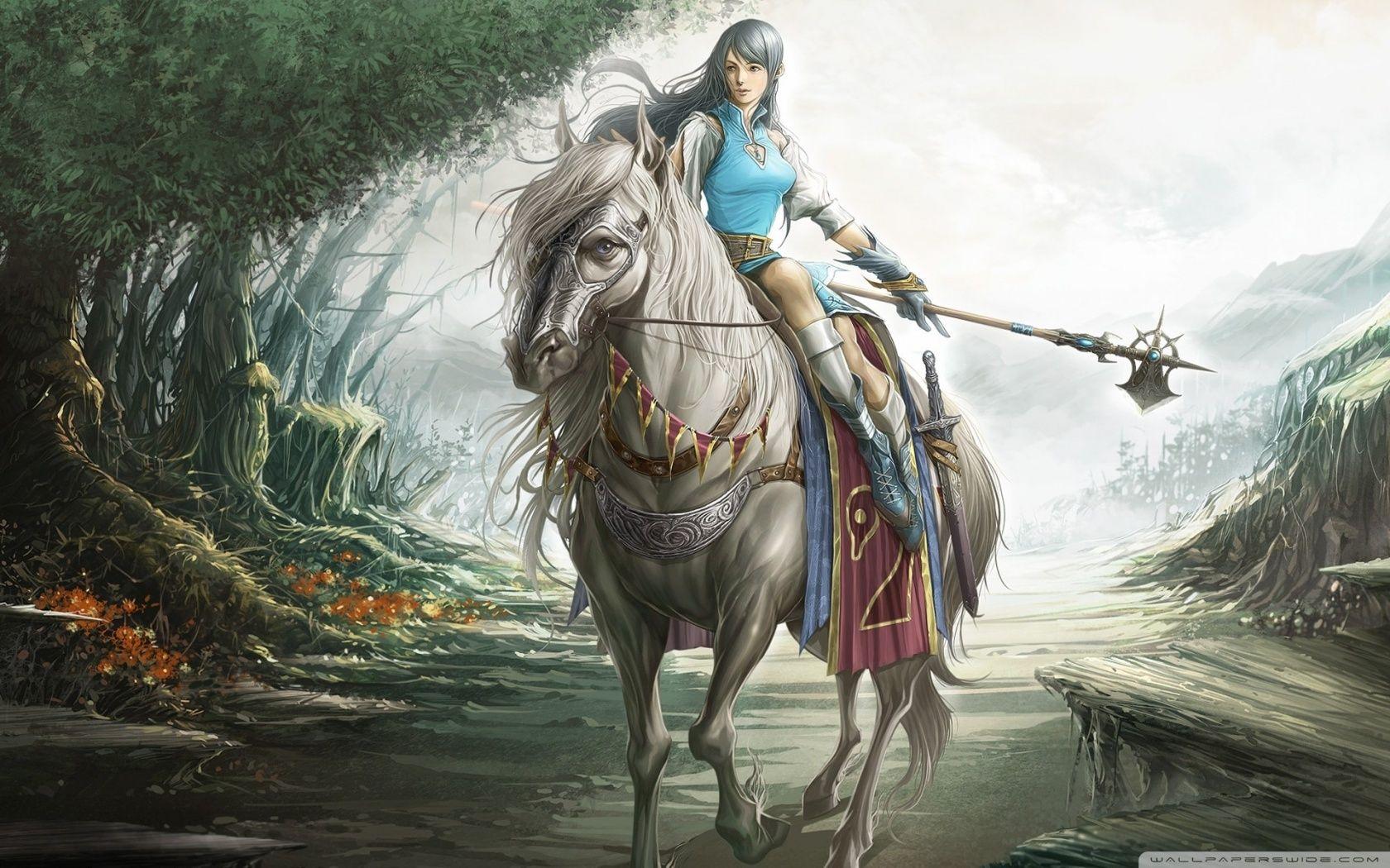 A girl riding a horse - AI Photo Generator - starryai