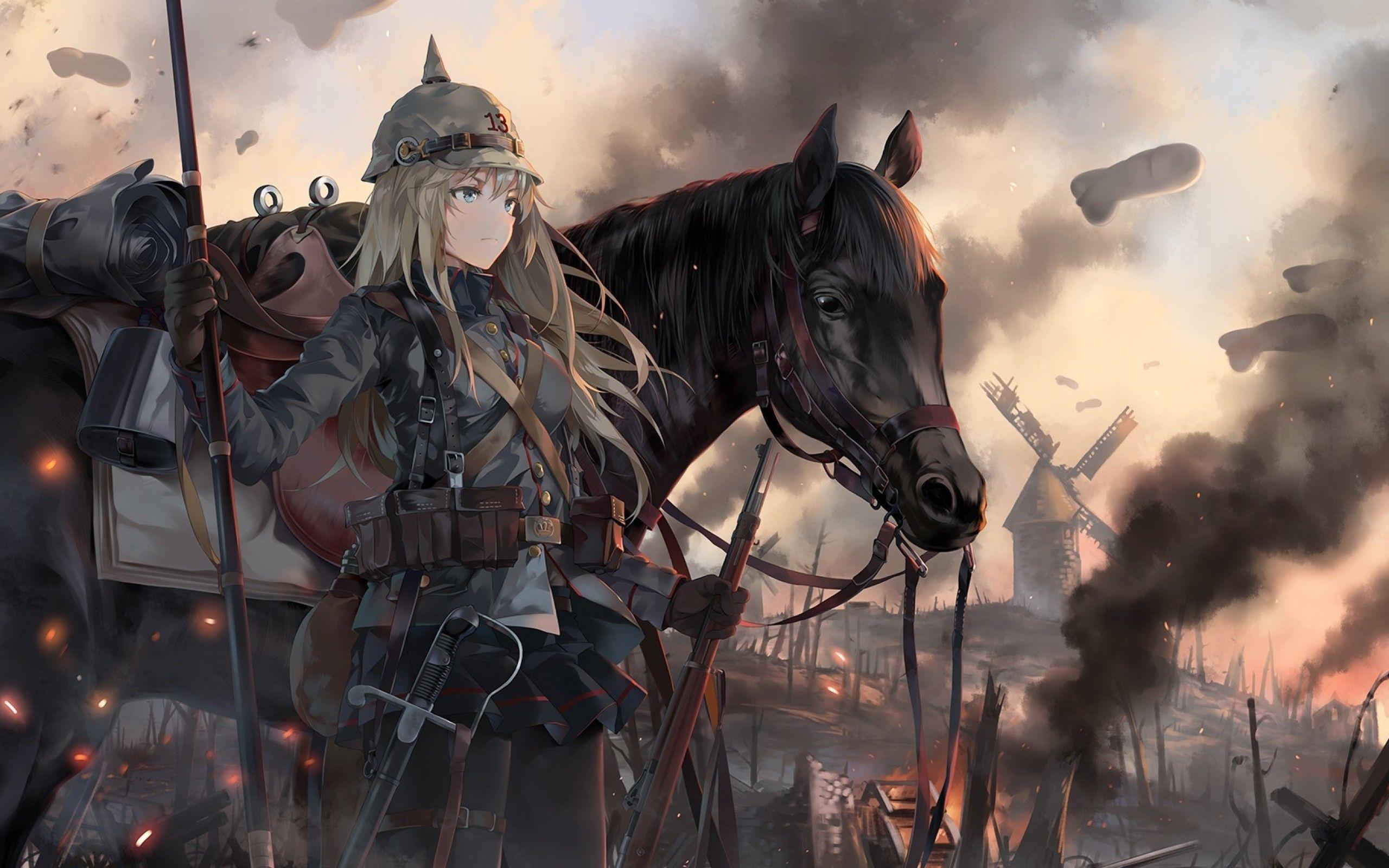 2560x1600 Download 2560x1600 Anime Girl, War, Horse, Military Uniform, Spear