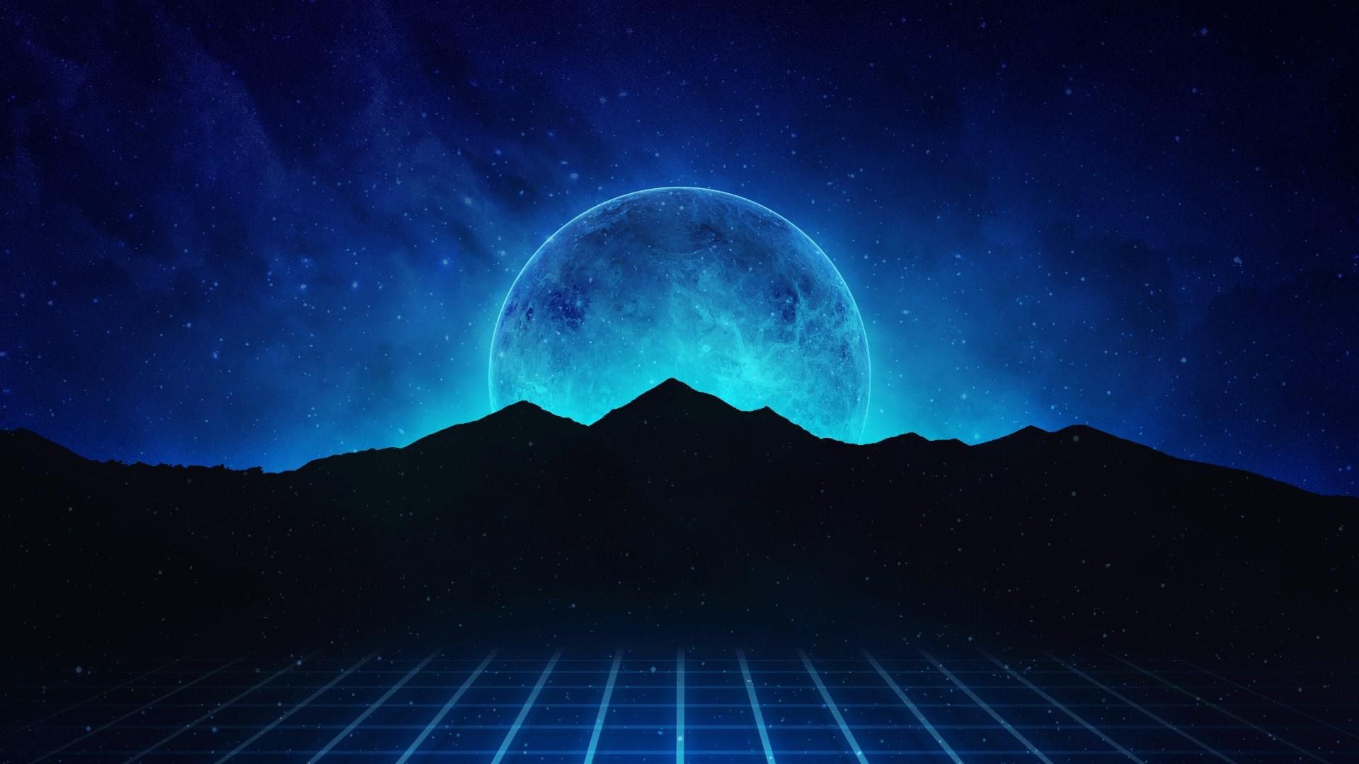 1920x1080 Wallpaper stars, mountains, music, background, hills, planet, neon, Synthpop for mobile and desktop, section рендеринг, resolution 1920x1080