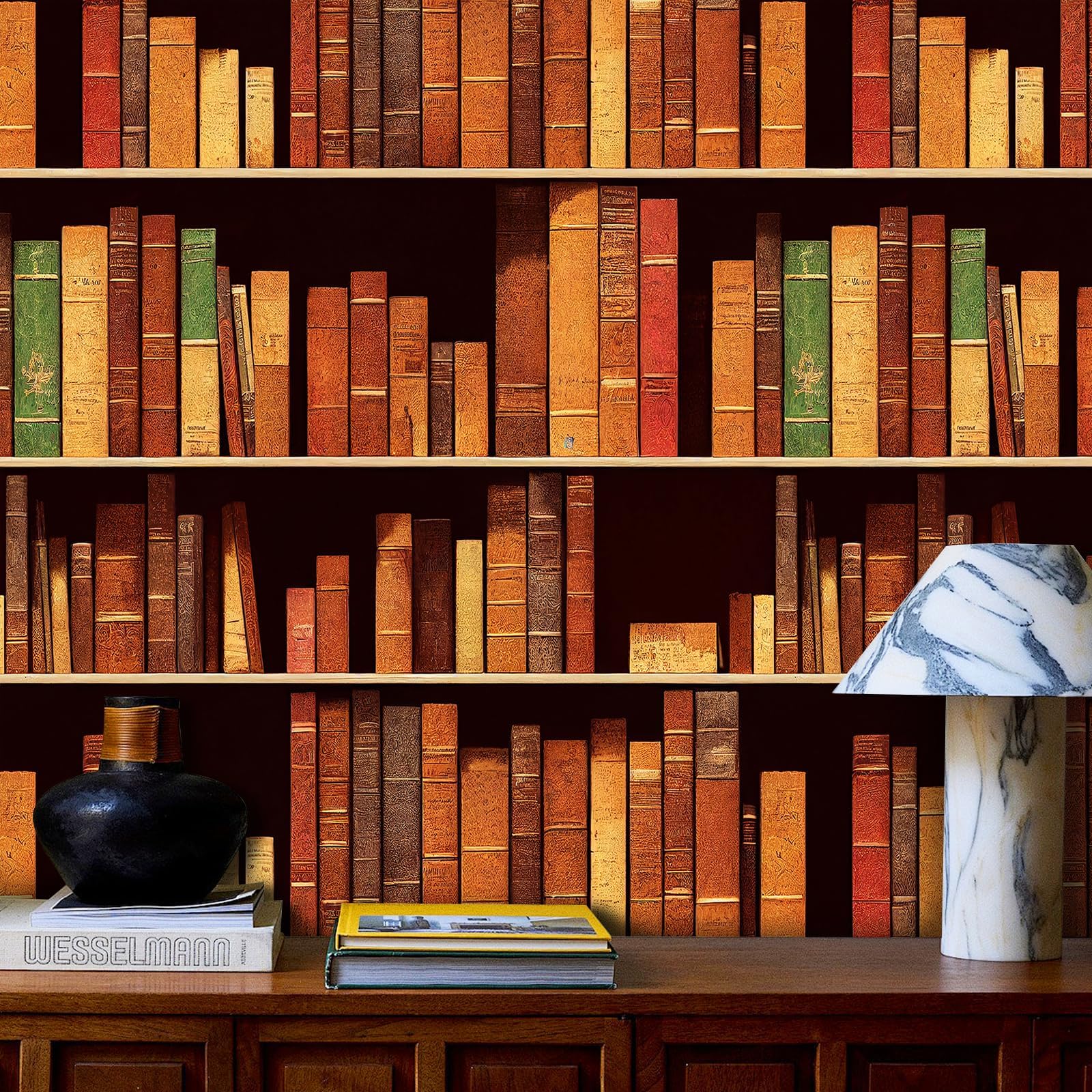 1600x1600 HelloWall Mid Century Wallpaper Peel and Stick School Library Antique Bookshelf Bookcase Wallpaper 17.5x160 Retro Victorian Books Library Contact Paper Removable Vintage Book Wall Paper Wall Murals