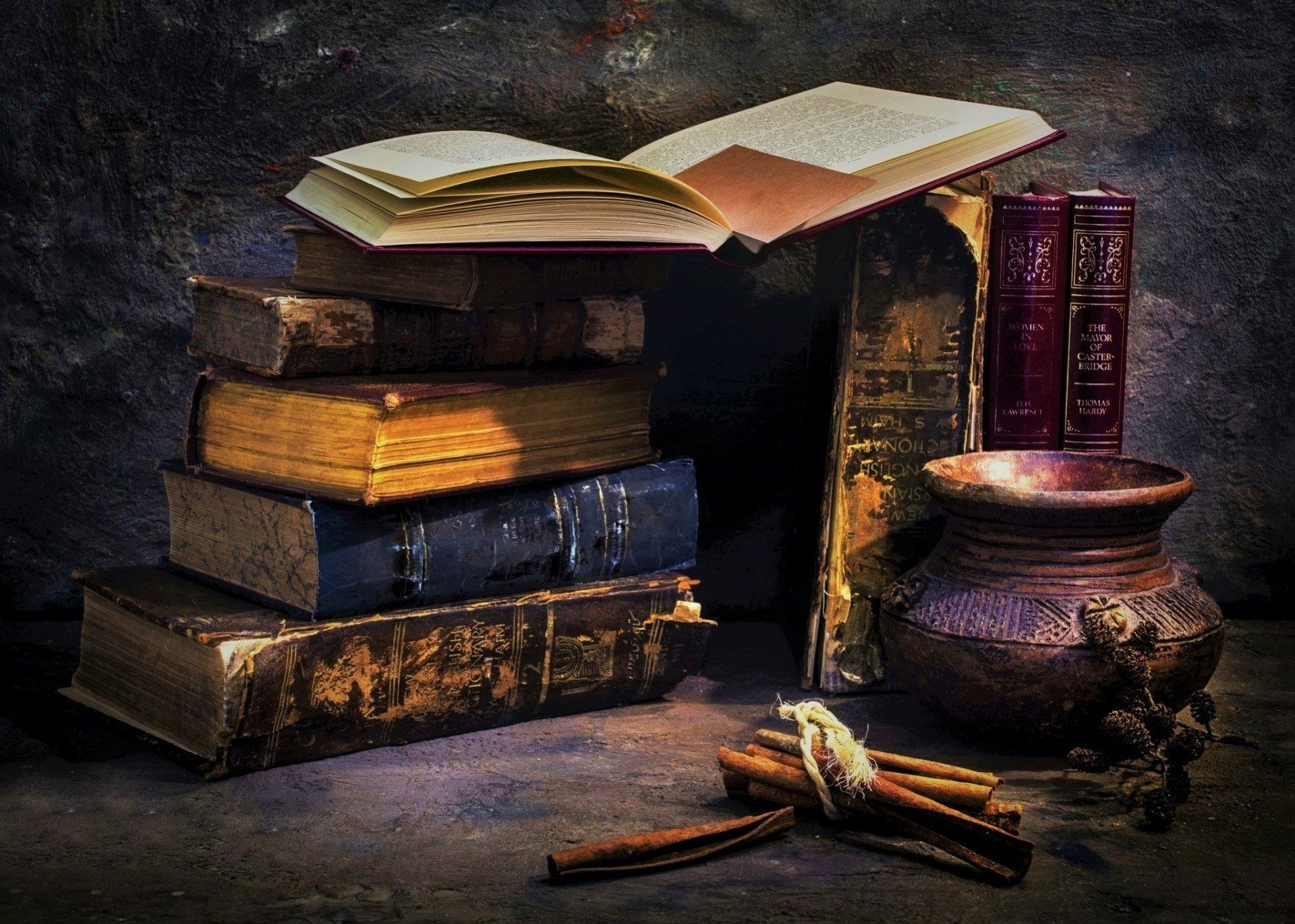 1920x1370 Vintage Still Life HD Wallpaper: Books and Cinnamon