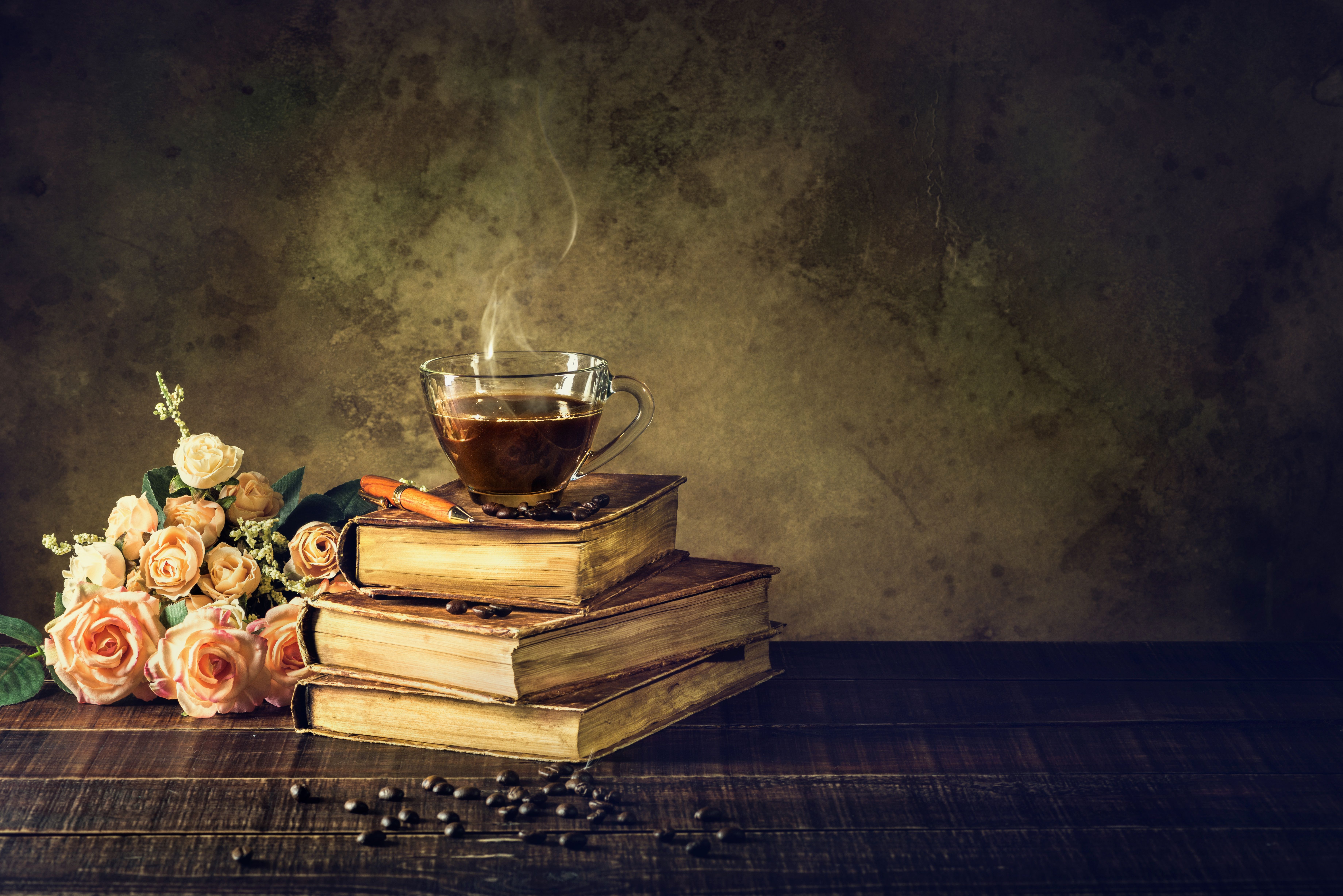 7360x4912 Wallpaper coffee, roses, Cup, book, vintage for mobile and desktop, section настроения, resolution 7360x4912
