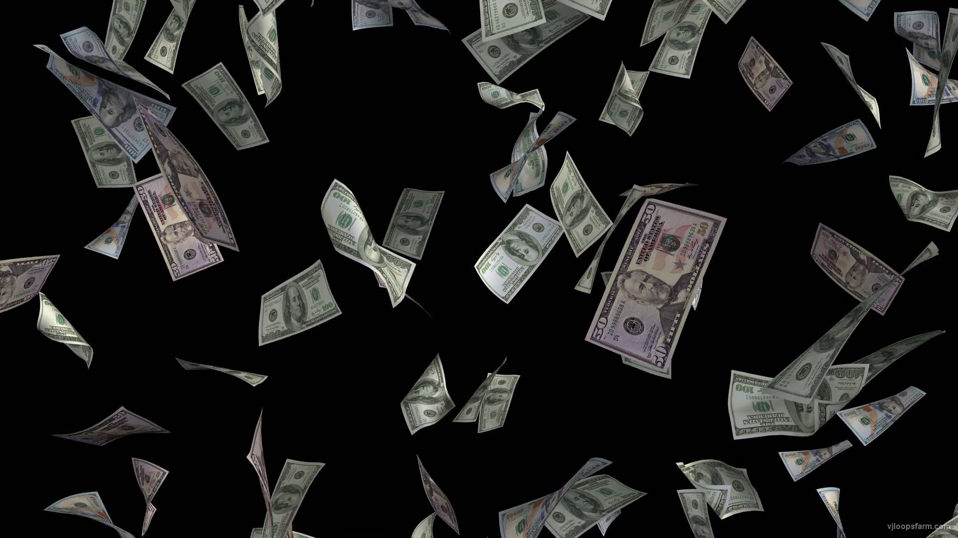 1920x1080 Classic money rain of US dollar bills on black background. VJ Loops Farm