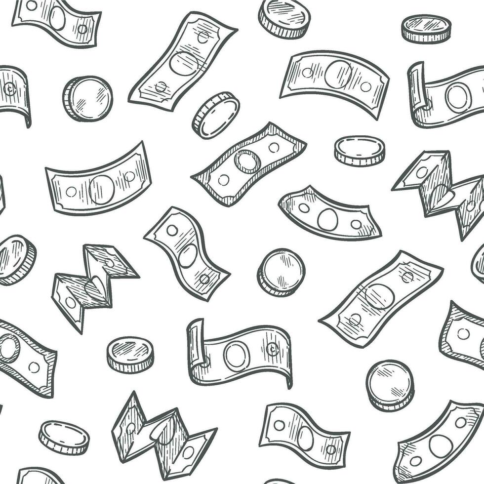 980x980 Money rain seamless pattern. Sketch dollar banknotes and coins, falling cash win lottery casino, financial luck wallpaper vector texture