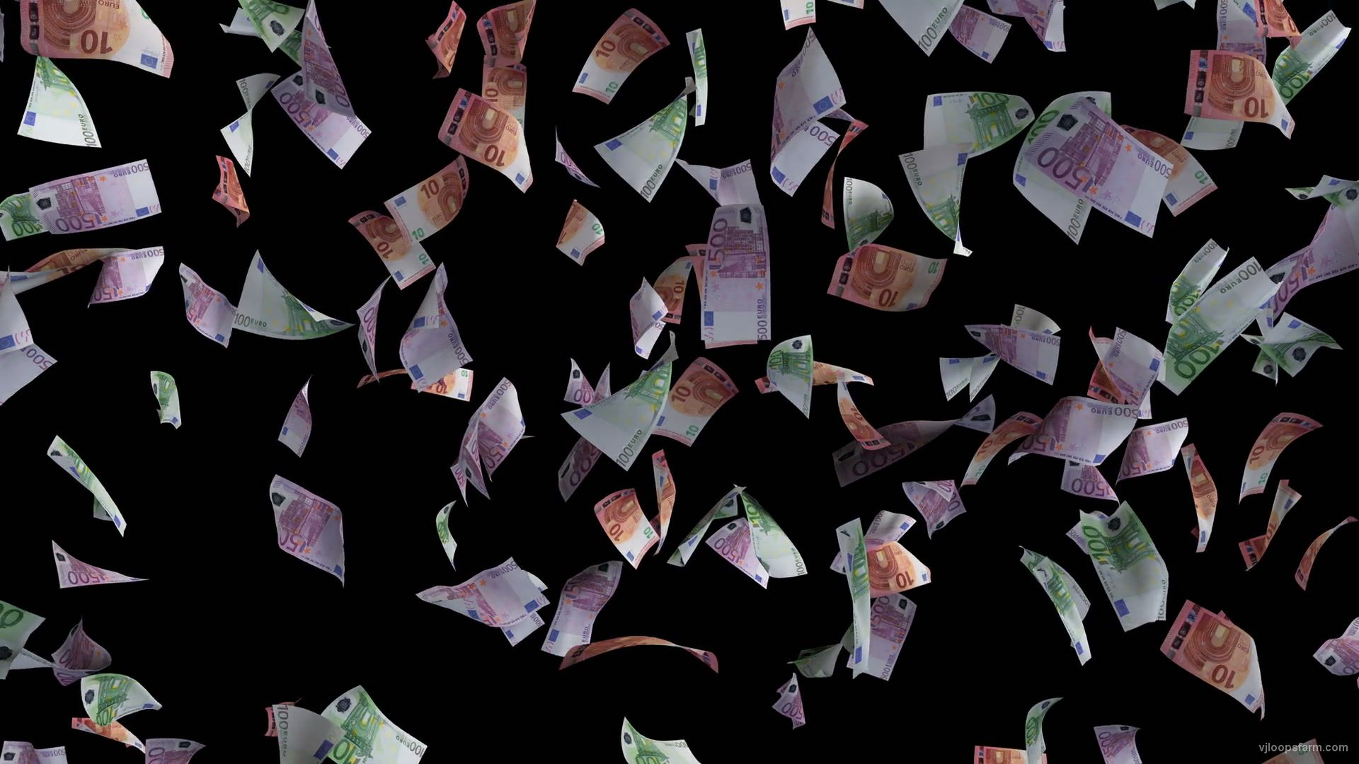 1920x1080 Millions of euros falling down money rain on black background. VJ Loops Farm
