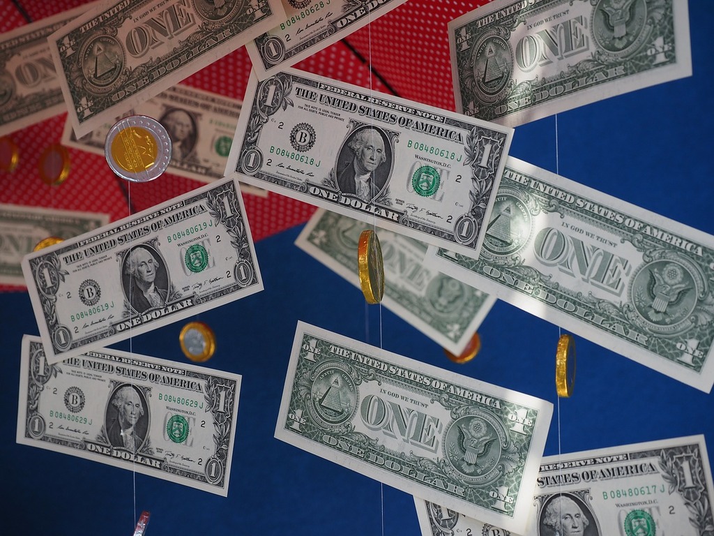 1024x768 A bunch of money hanging from a string. Money rain gift dollar rain, business finance. Domain Media Search Engine Public Domain Search
