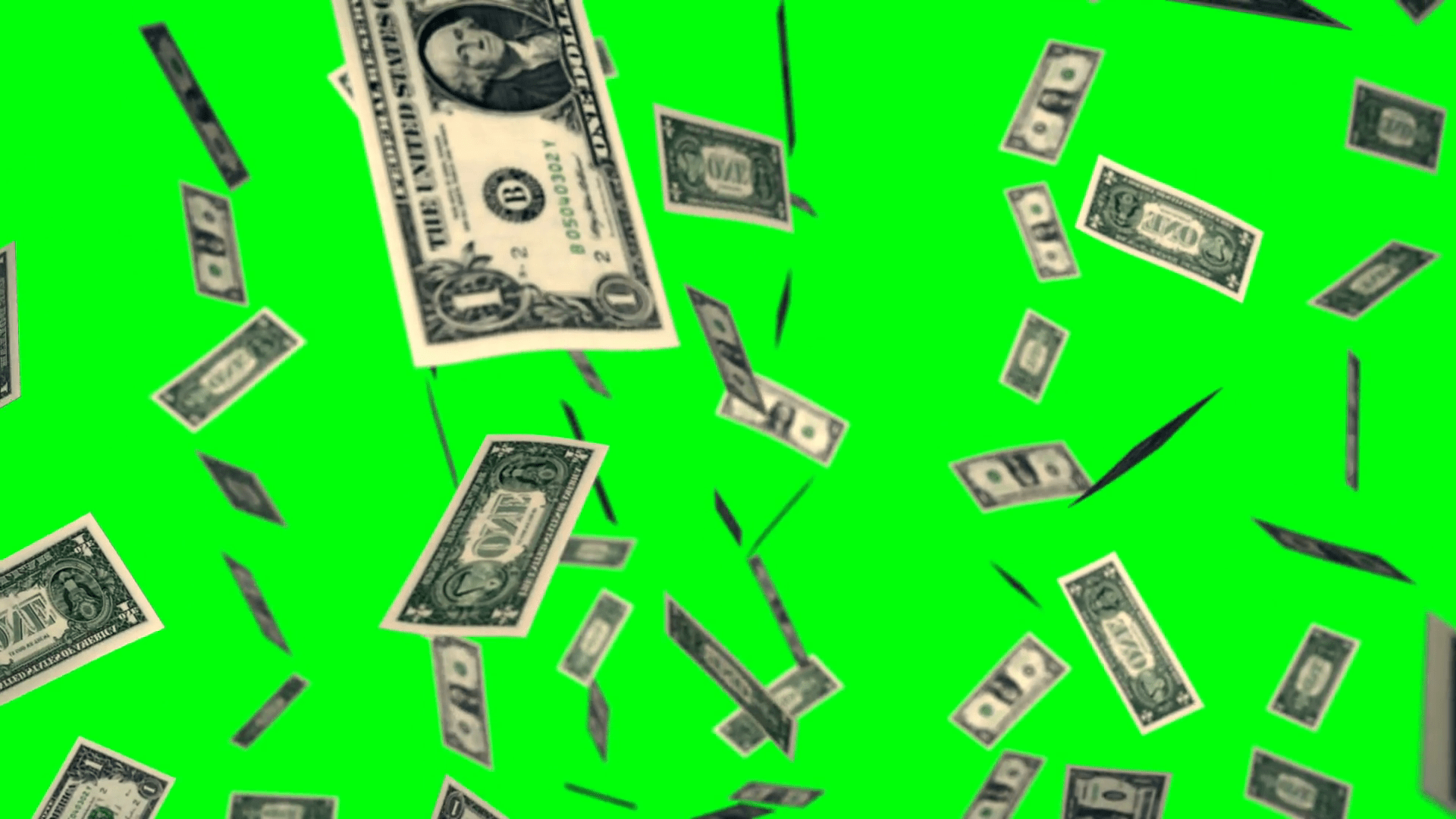 1920x1080 Animation of dollar bills falling on green screen or chroma key, concept of business success, inflation, rich, millionaire, lottery and abundance. Money rain 3D background