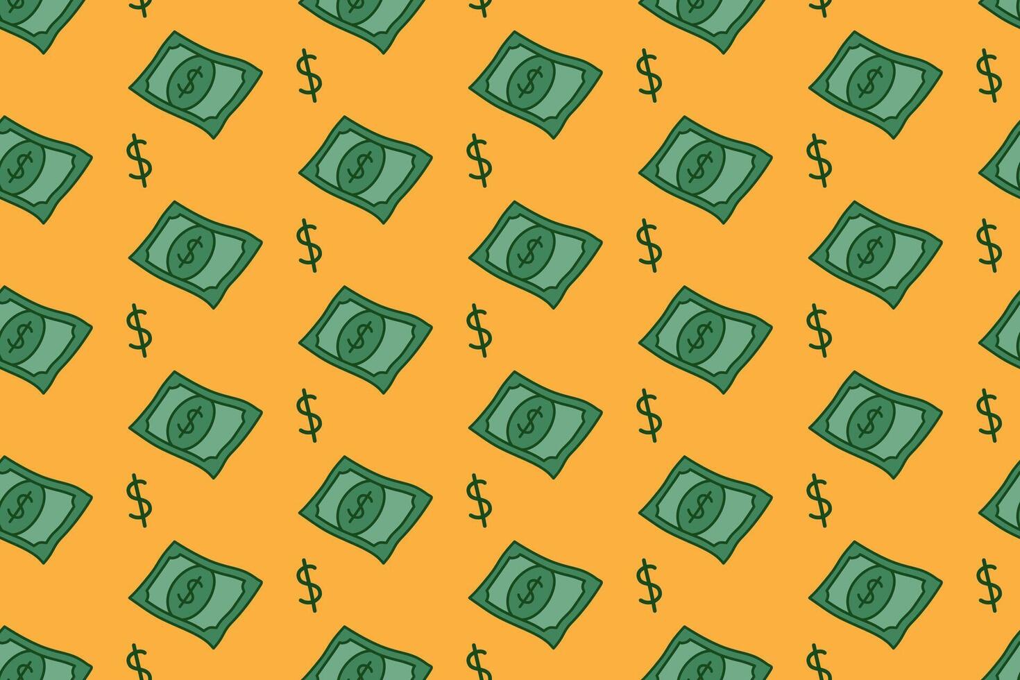 1470x980 Dollar bill and currency symbol colorful doodle pattern on yellow background. Money note and dollar sign seamless pattern background. Financial currency isolated motif wallpaper. Illustration