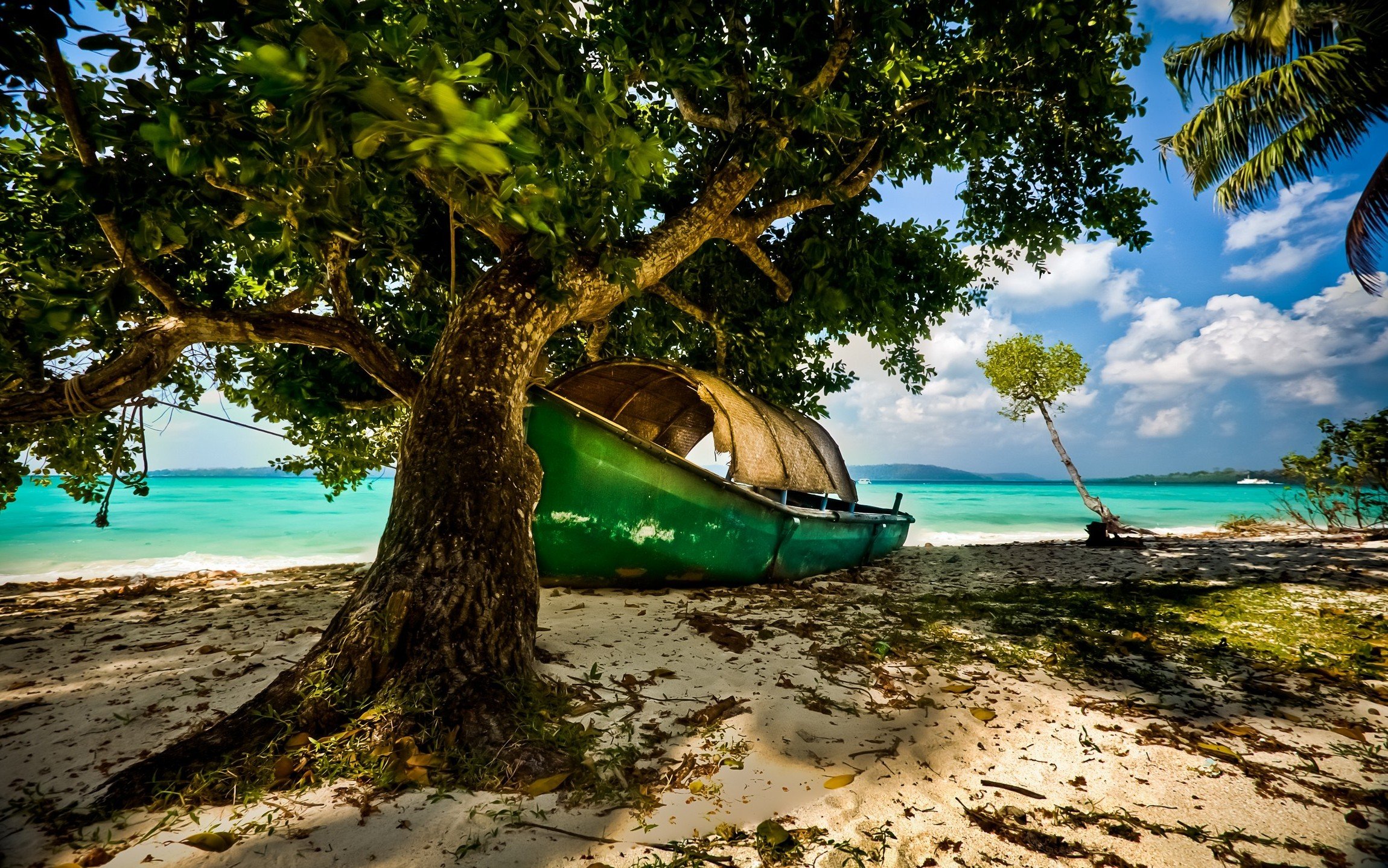 2300x1438 nature, Landscape, Beach, Island, Tropical, India, Boat, Trees, Sea, Sand, Clouds, Shadow Wallpaper HD / Desktop and Mobile Background