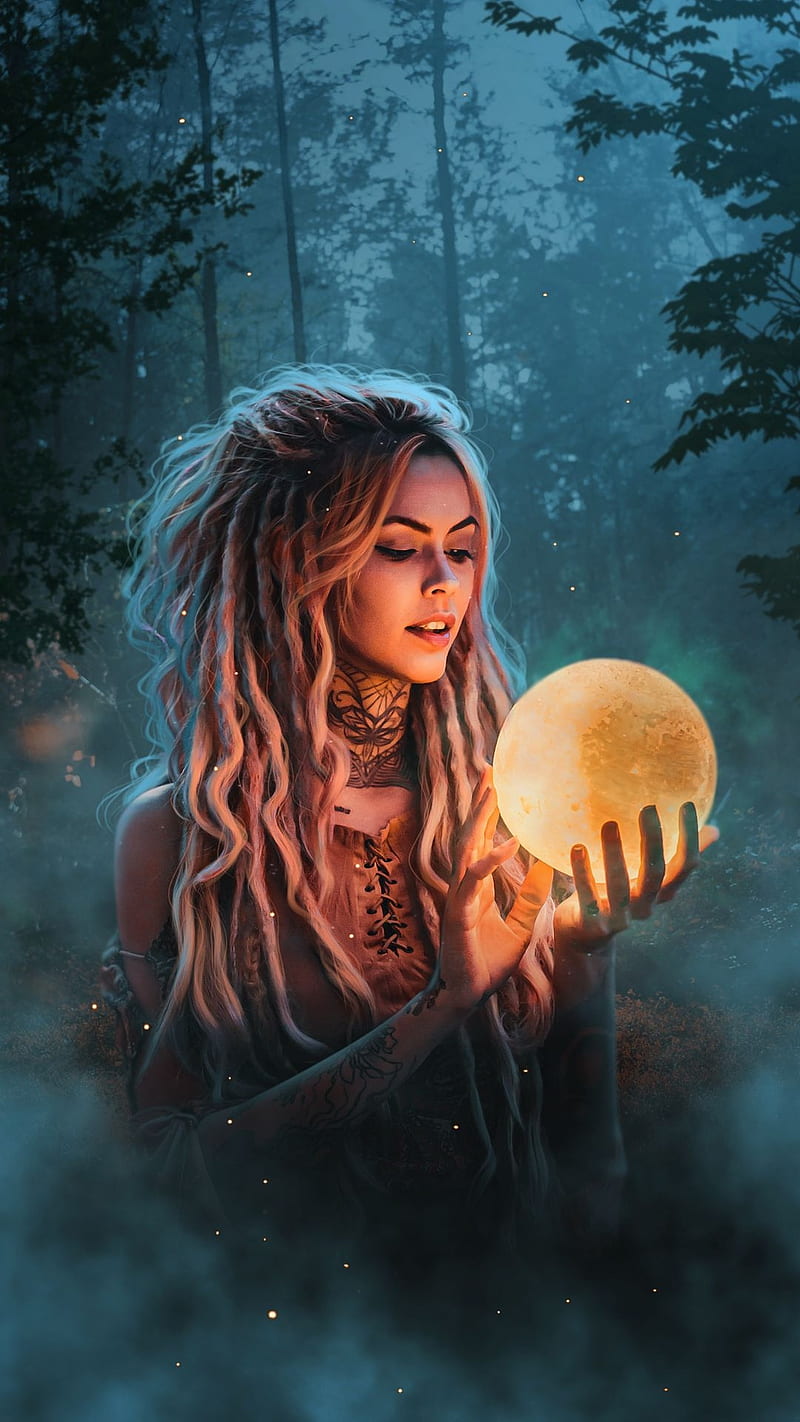 800x1422 Magic, blue, blue forest, fantasy, forest, girl, moon, moonlight, HD phone wallpaper