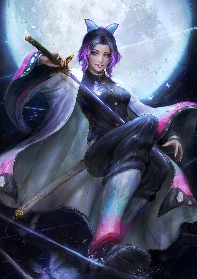 800x1131 Artwork, women, fantasy art, fantasy girl, Moon, sword, girls with swords, purple hair, HD phone wallpaper