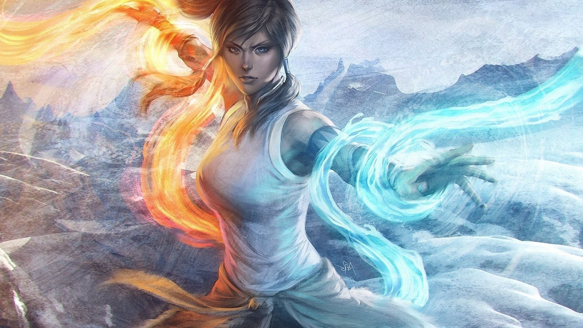 1920x1080 Fantasy girl with water and fire