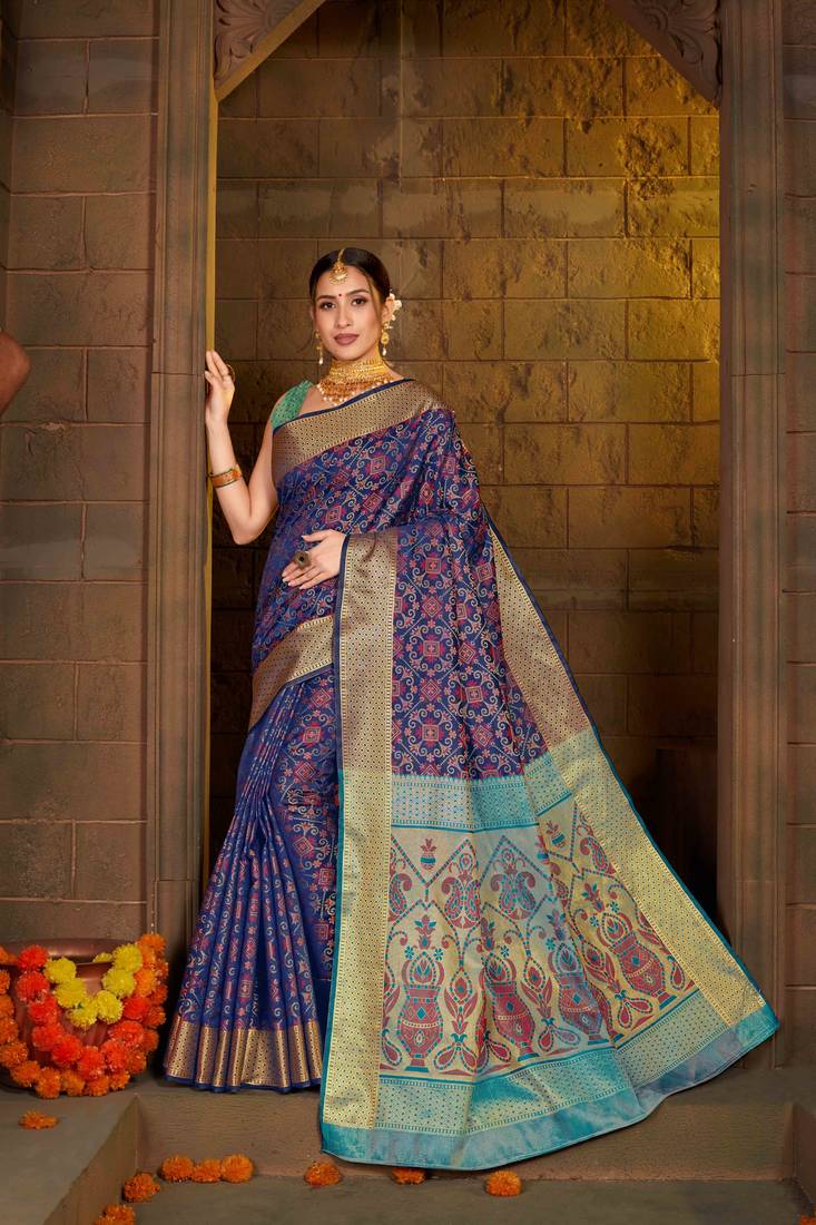 733x1100 Navy blue woven art silk saree with blouse
