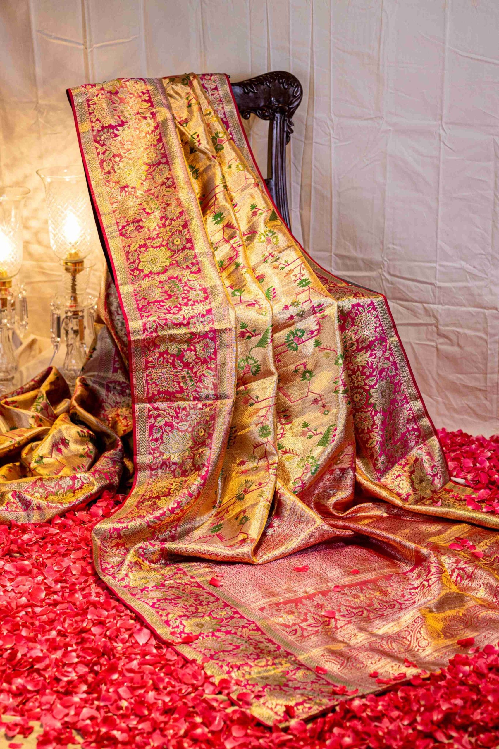 1706x2560 Buy Golden Pink Tissue Kanchi Silk Saree Jamdani Paithani Weave for Women by Tat by Ashish Online at Nymi Store