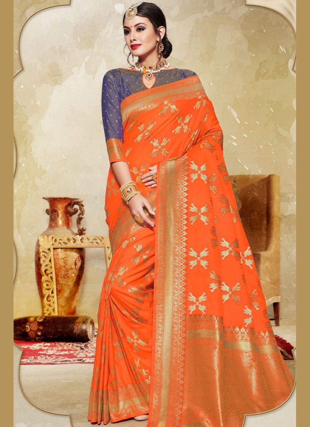 1000x1375 Attractive Orange Color Printed Silk Saree