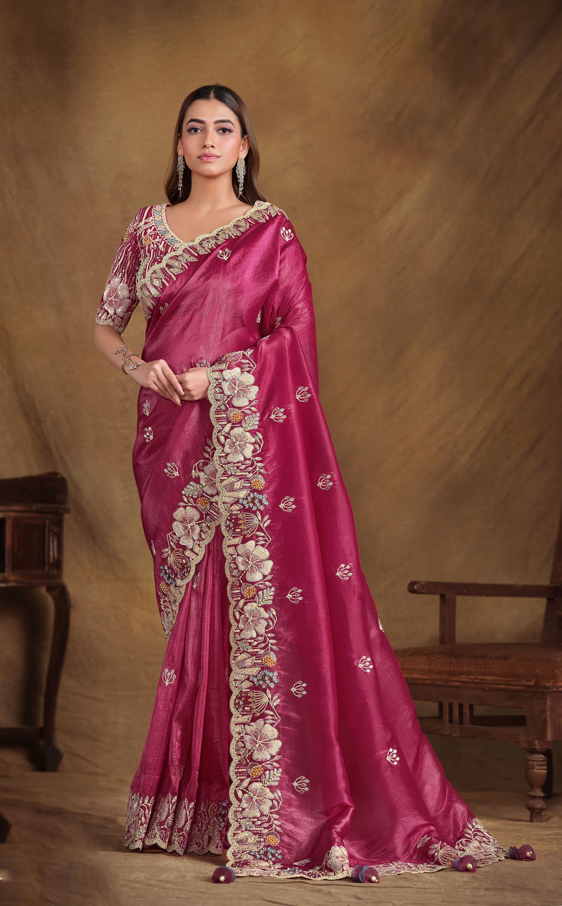 1946x3135 Rani Pink Crush Paper Silk Hand and Pearl work Party Wear Saree
