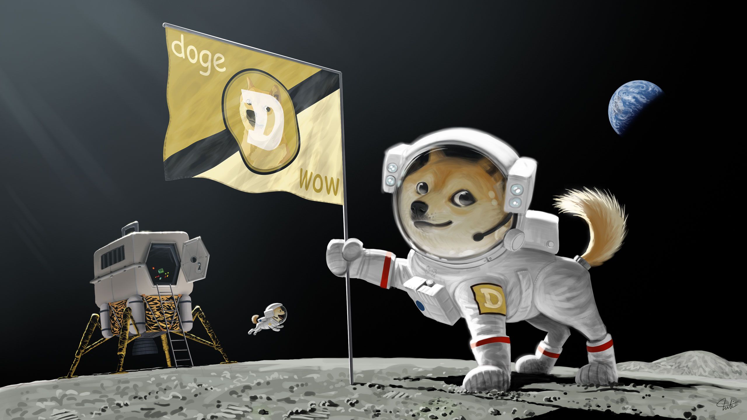 2560x1440 doge, Dog, Astronaut, Meme, Moon, Landing, Earth, Planet, Flag Wallpaper HD / Desktop and Mobile Background