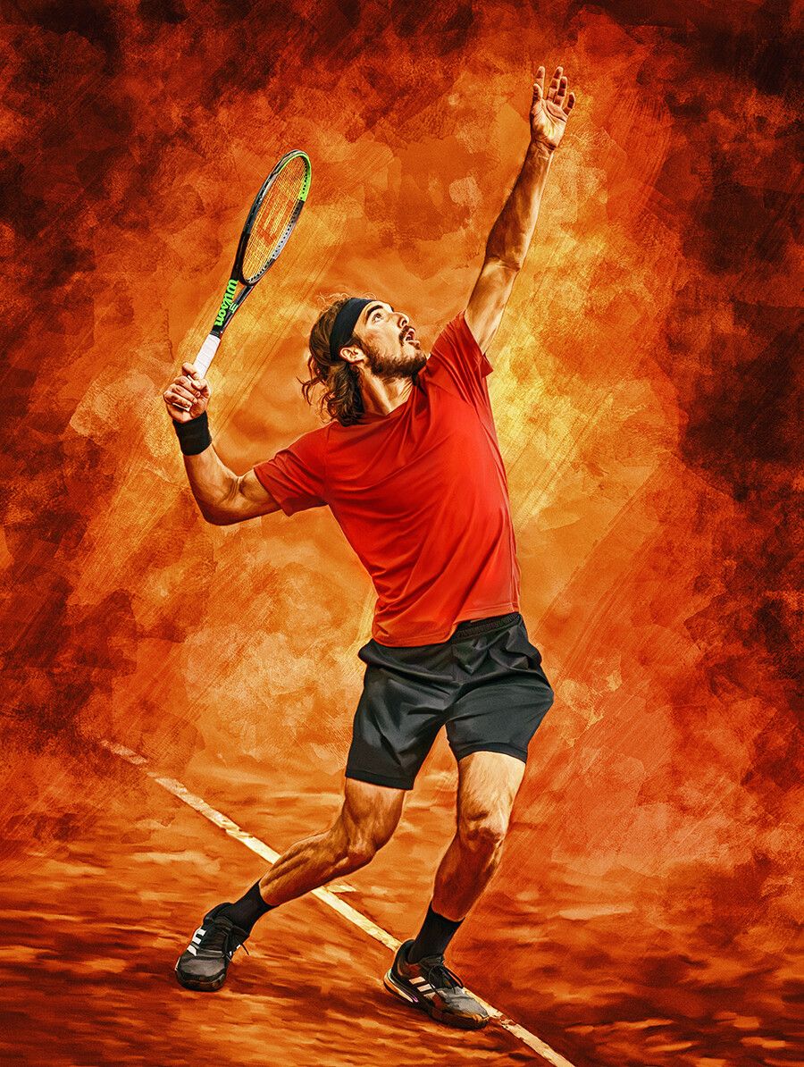 900x1194 Sam Brannan Tsitsipas at serve on clay court. Digital artwork wall poster. Tennis fan art gift
