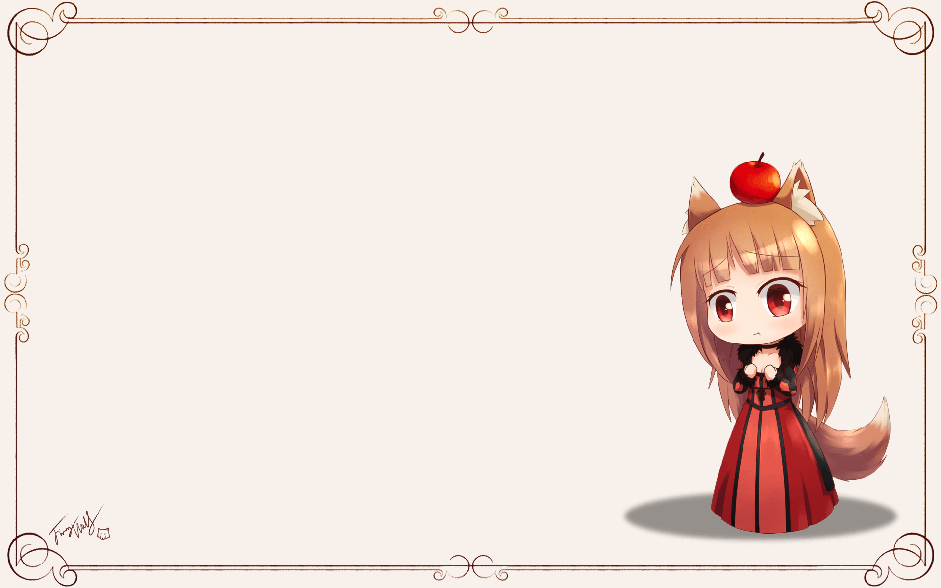 1920x1200 apple, blush, brown hair, chibi, cosplay, food, horo, langbazi, long