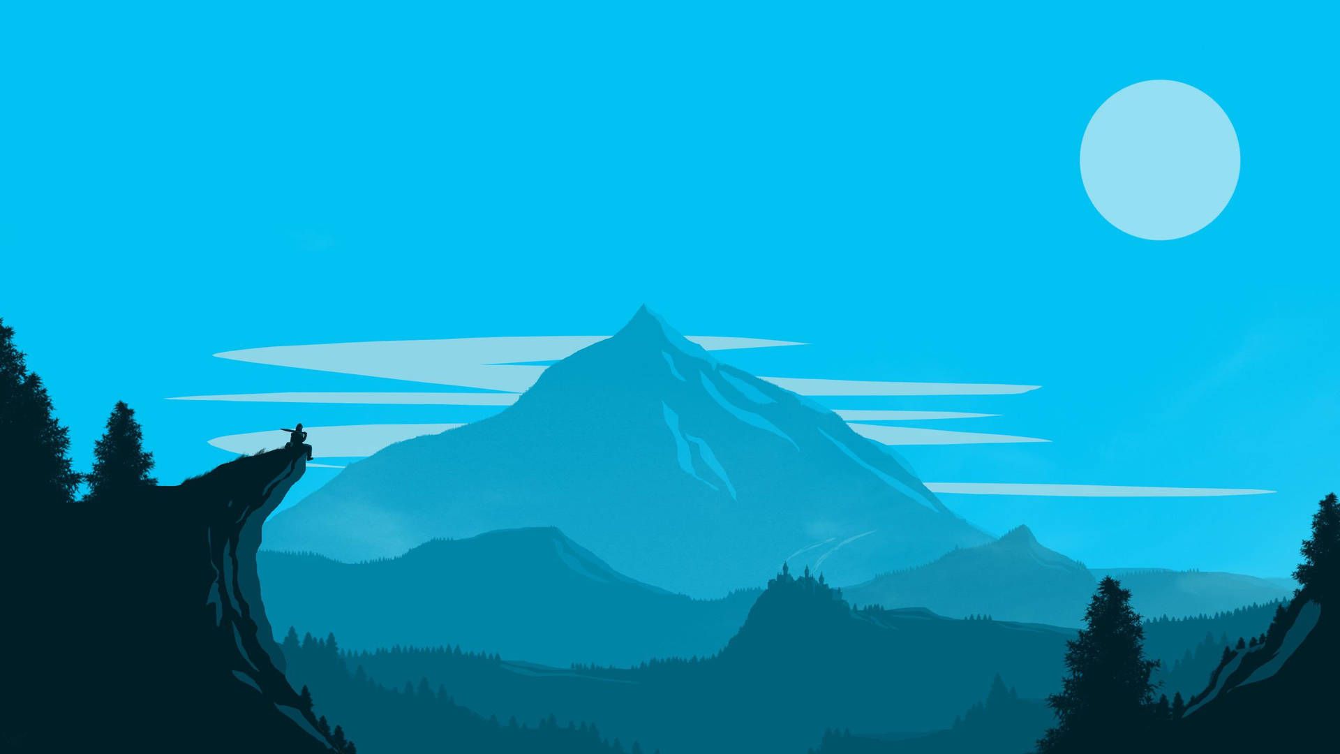1920x1080 Download Cyan Mountain And Moon Illustration Wallpaper