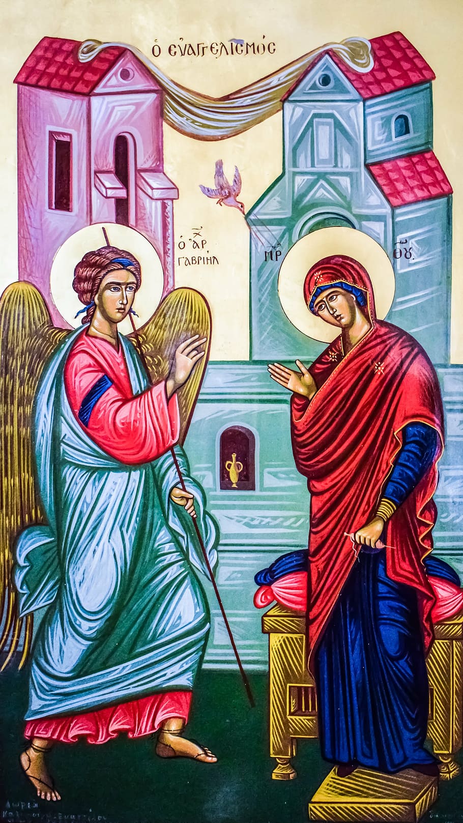 910x1618 HD wallpaper: angel and saint illustration, the annunciation, virgin mary, archangel gabriel
