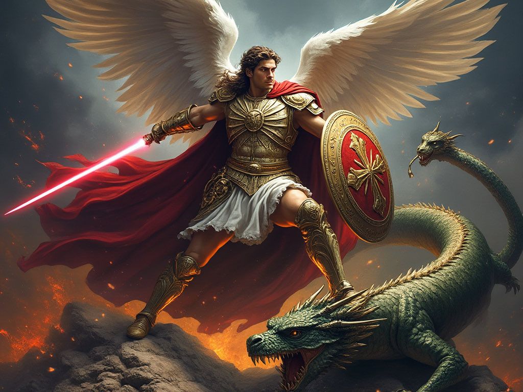 1024x768 Today is the Catholic Feast of the Archangels St. Michael, St. Gabriel & St. Raphael. (AI generated image of St. Michael following a few prompts)