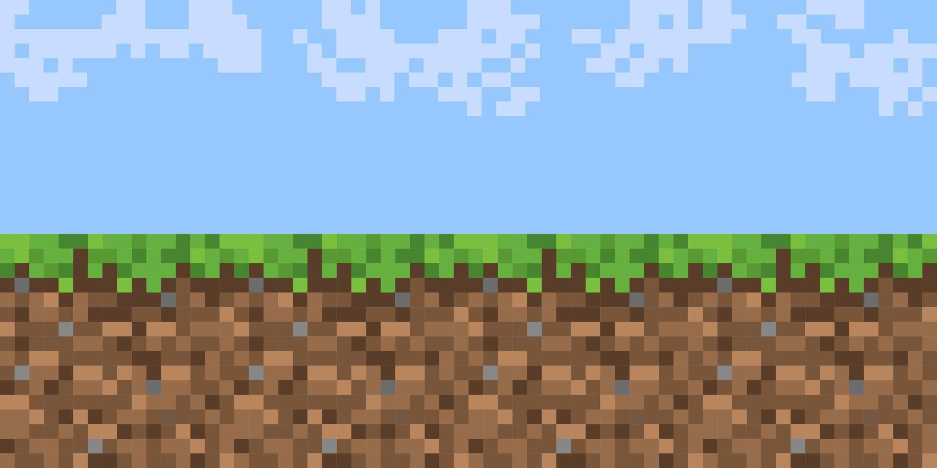 1920x960 Pixel landscape with sky grass and dirt. Horizontal block banner in retro 8bit style. Perfect gamer wallpaper or creative poster. Abstract modern illustration background