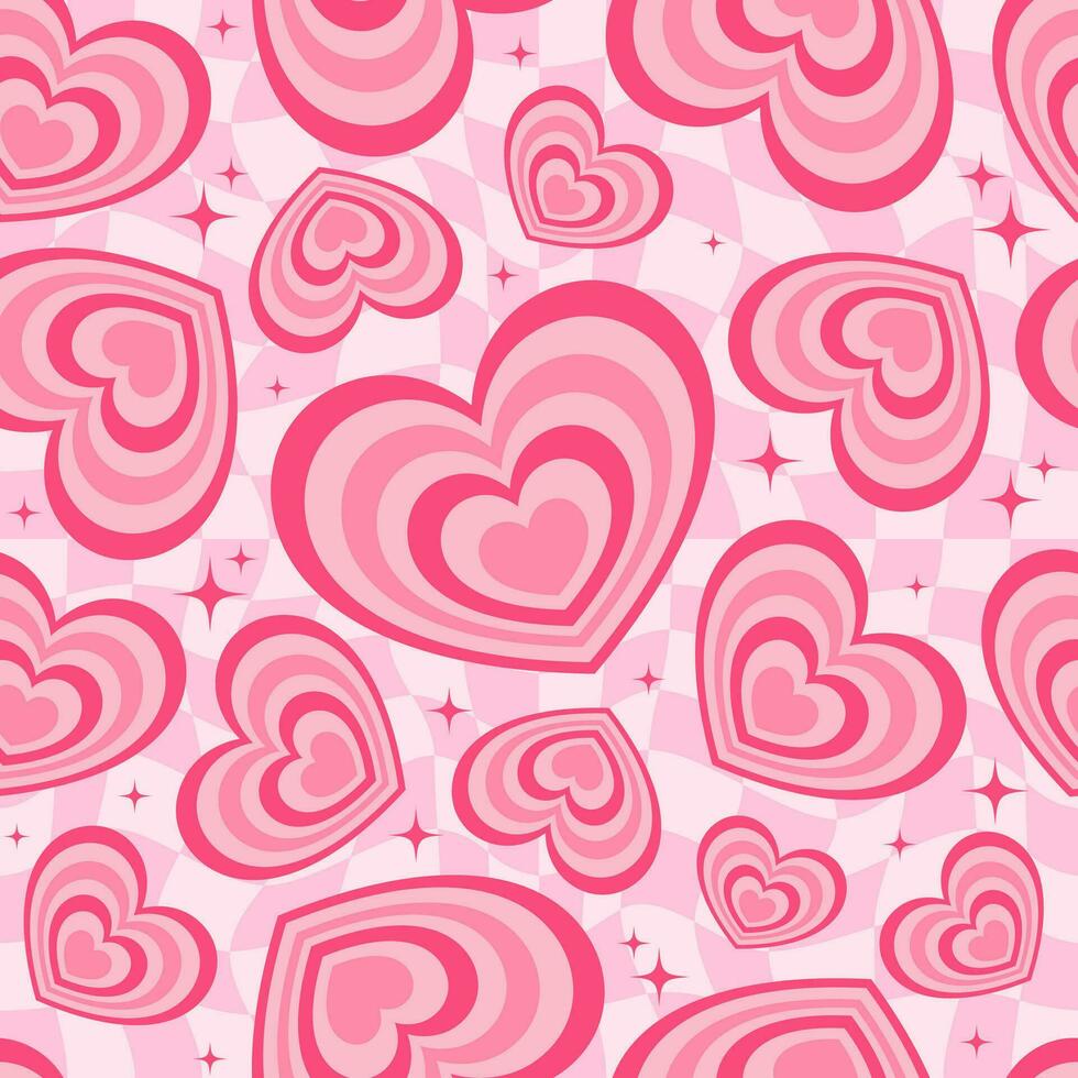 980x980 Y2k seamless pattern with hearts. Retro abstract groovy background. Pink funky vector wallpaper for Valentine day. Girly lovely checkered vintage design 2000s and 90s