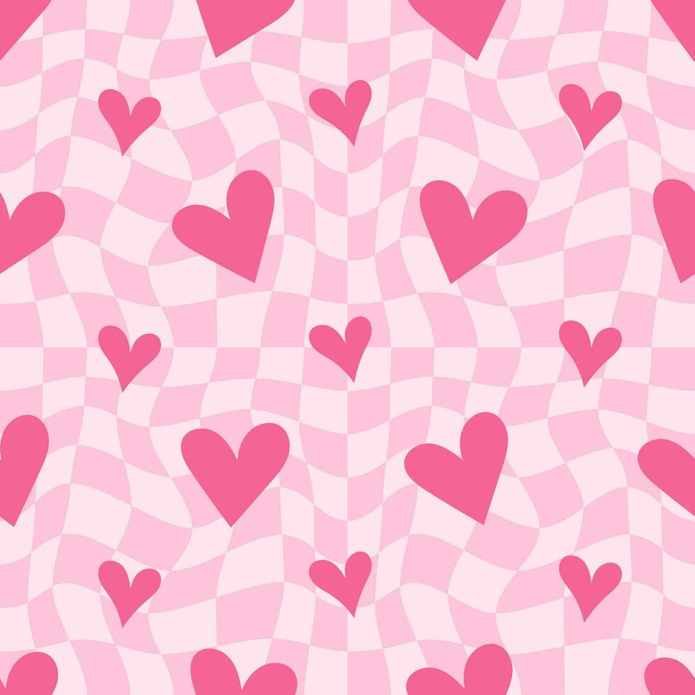980x980 Y2k seamless pattern with hearts. Retro abstract groovy background. Pink funky vector wallpaper for Valentine day. Girly lovely checkered vintage design 2000s and 90s