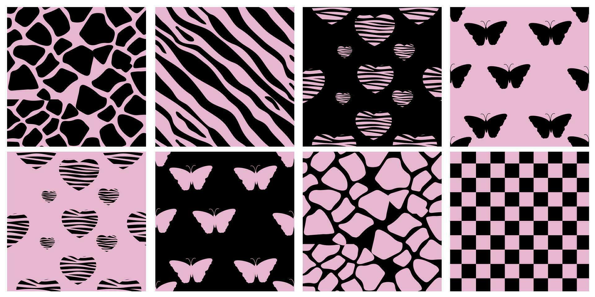1920x960 Y2k glamour pink seamless patterns. Background in trendy emo goth 2000s style. Butterfly, heart, chessboard, mesh, leopard, zebra. 90s, 00s aesthetic. Pink pastel and black colors