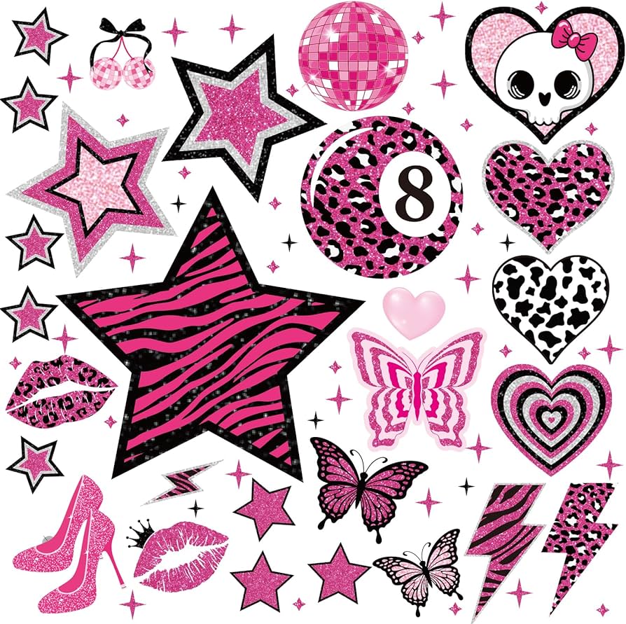 894x891 Wxiben Aesthetic Y2K Room Decor Pcs 2000s Mcbling Wall Decals Hot Pink Walls Stickers Decor for Room Y2K Star Baddie Peel and Stick Wall Decals for Home Bedroom Living