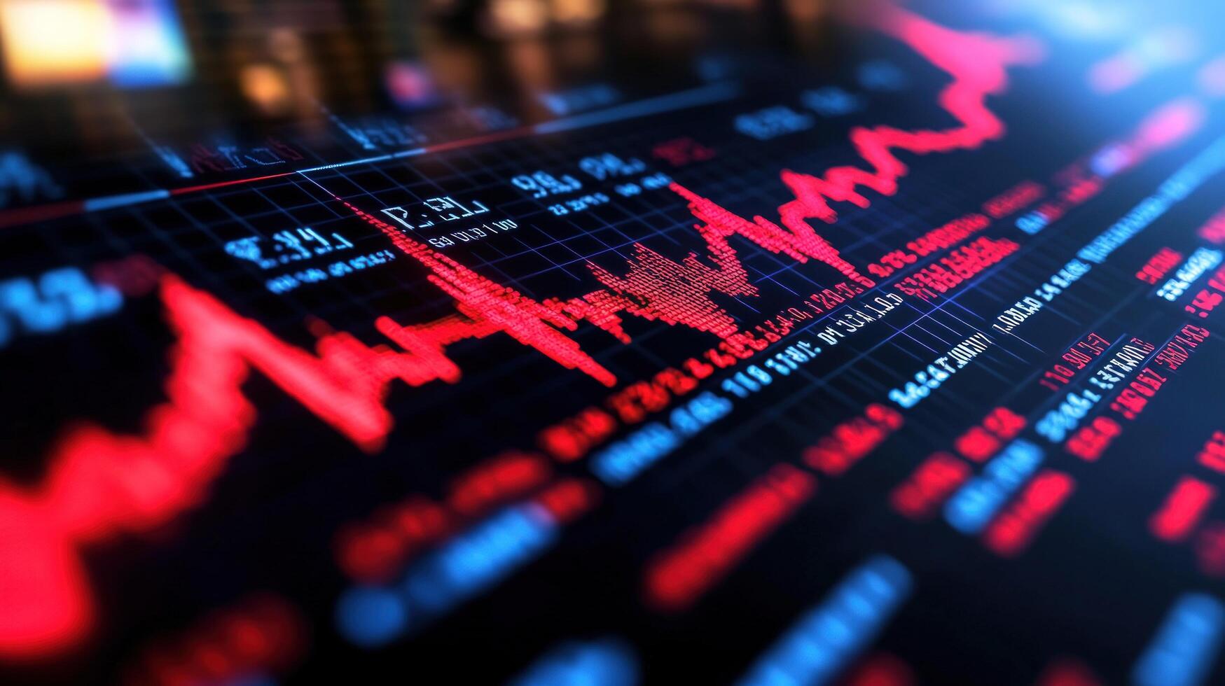 1749x980 Red market crash graph on screen, city background, financial crisis