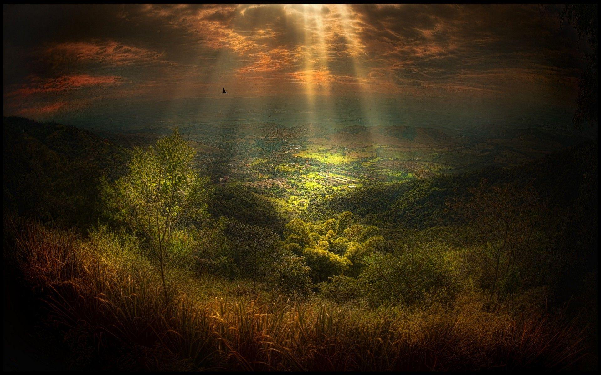 1920x1200 nature, Landscape, Field, Village, Sun Rays, Trees, Grass, Shrubs