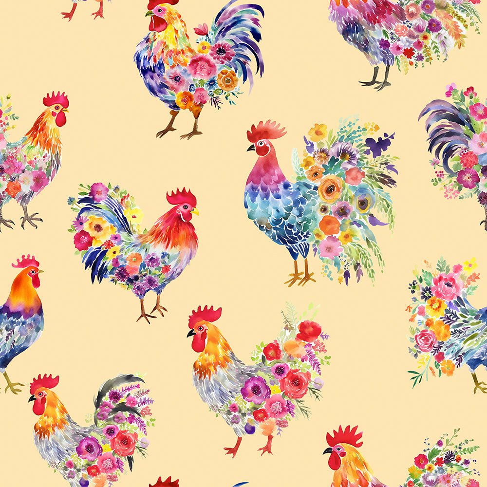 1000x1000 Colorful Chickens with Flower Bouquets on Yellow Background