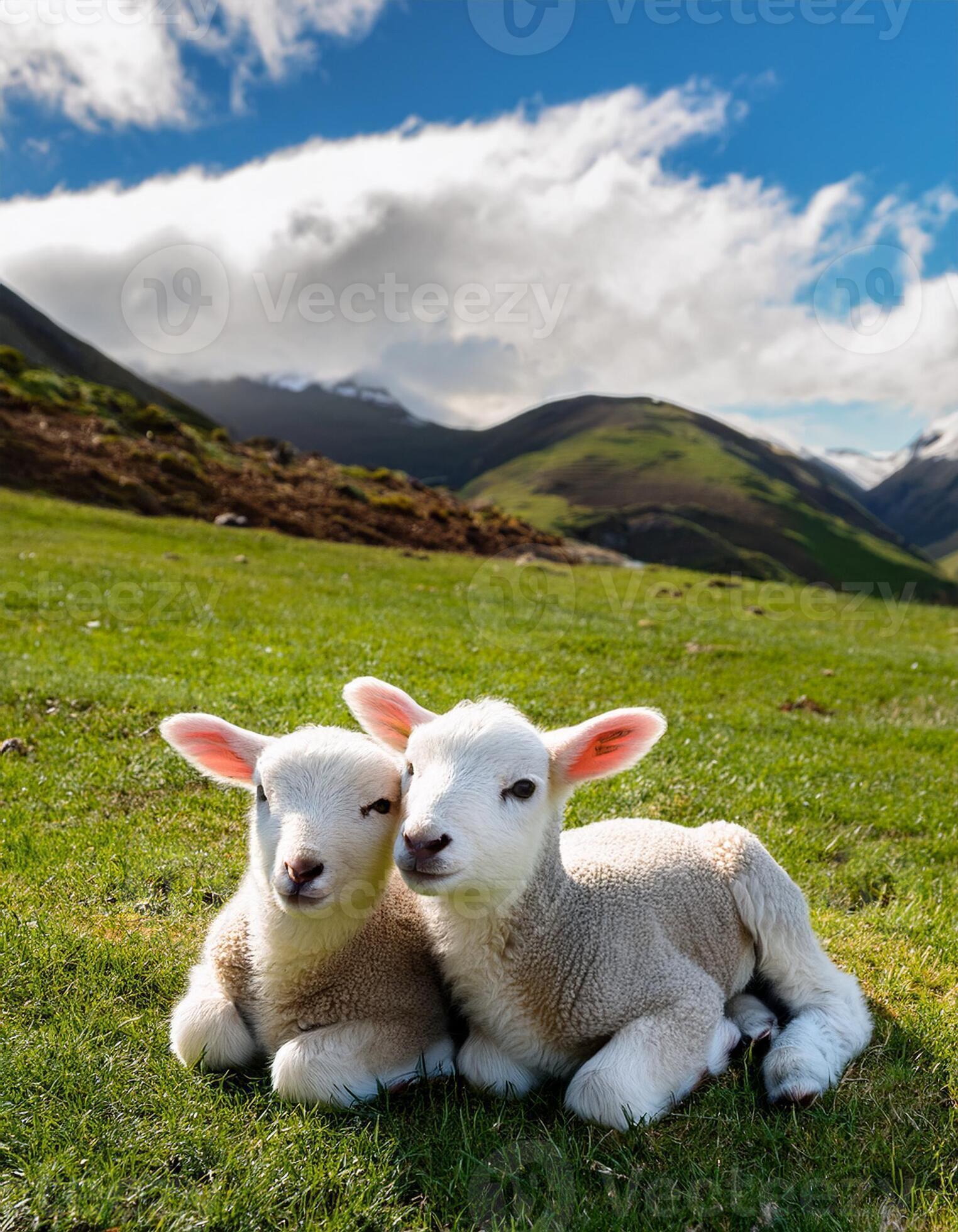 1524x1960 Two lambs laying on the grass in front of mountains