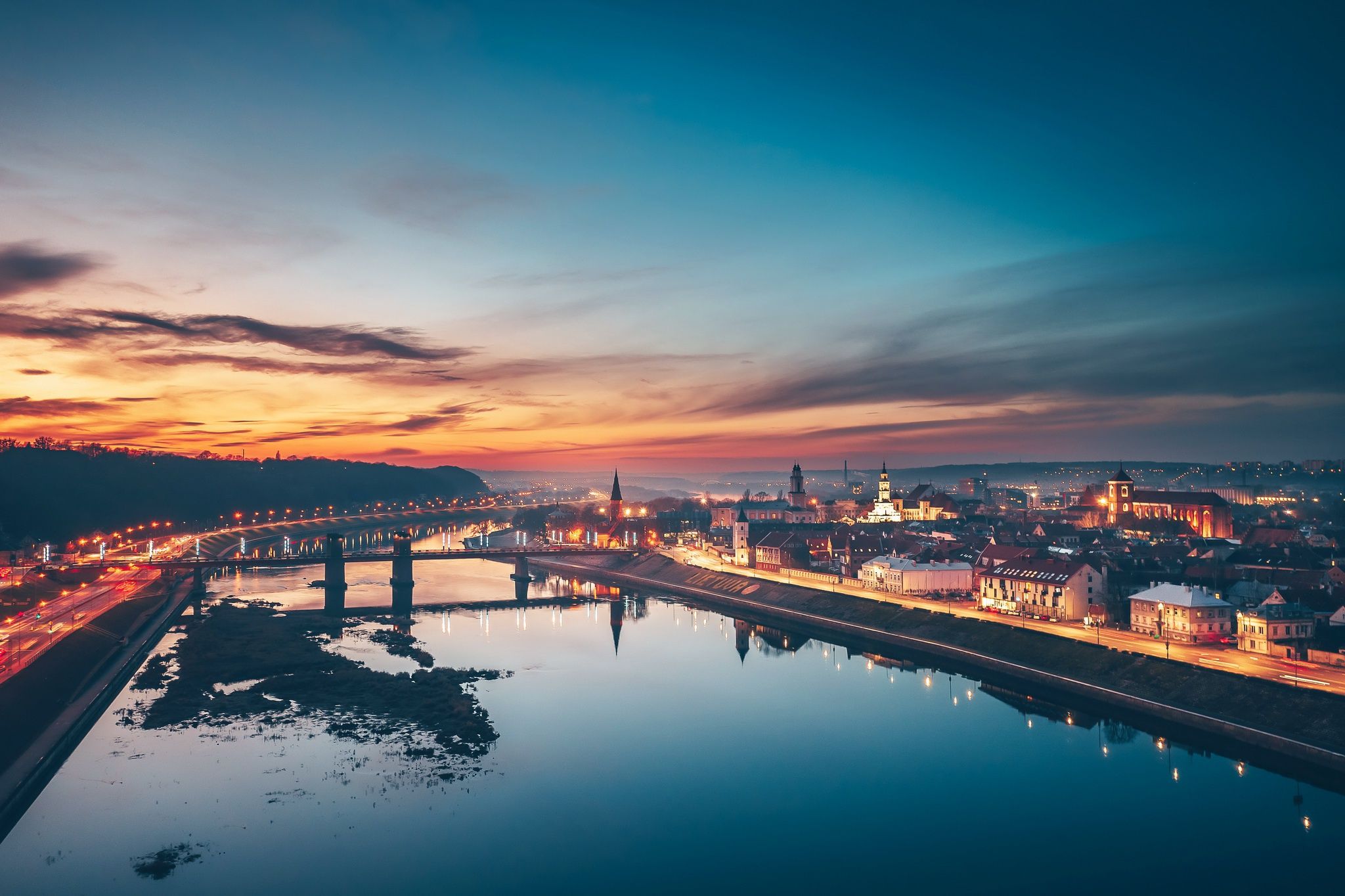 2048x1364 Download Reflection Lithuania City Sunset Man Made Kaunas HD Wallpaper