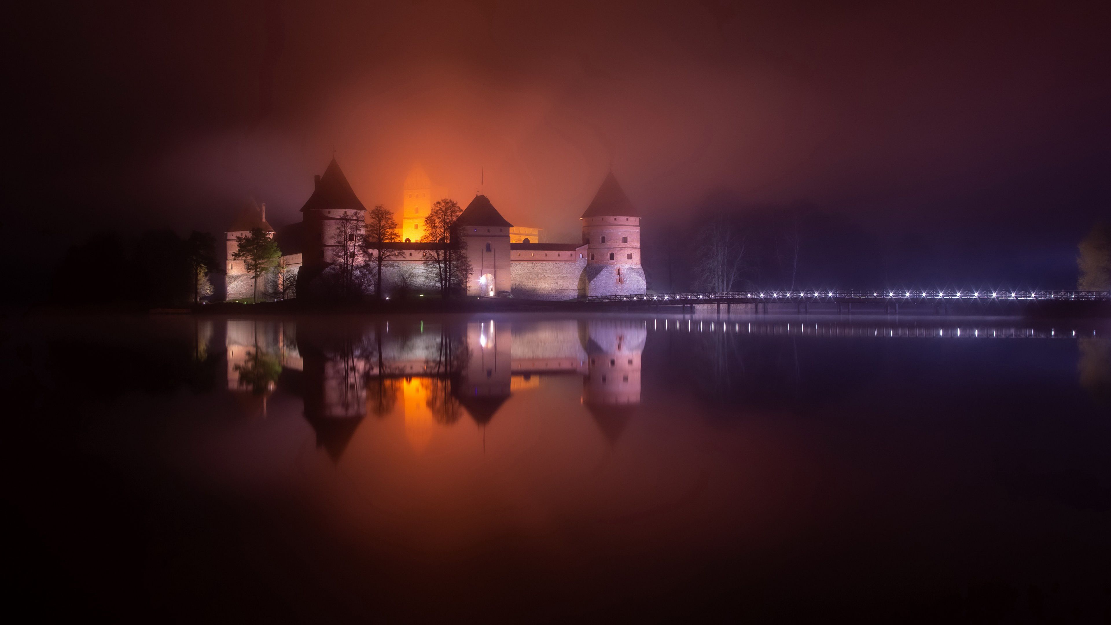 3840x2160 Trakai Island Castle In Lithuania During Nighttime 4K HD Travel Wallpaper