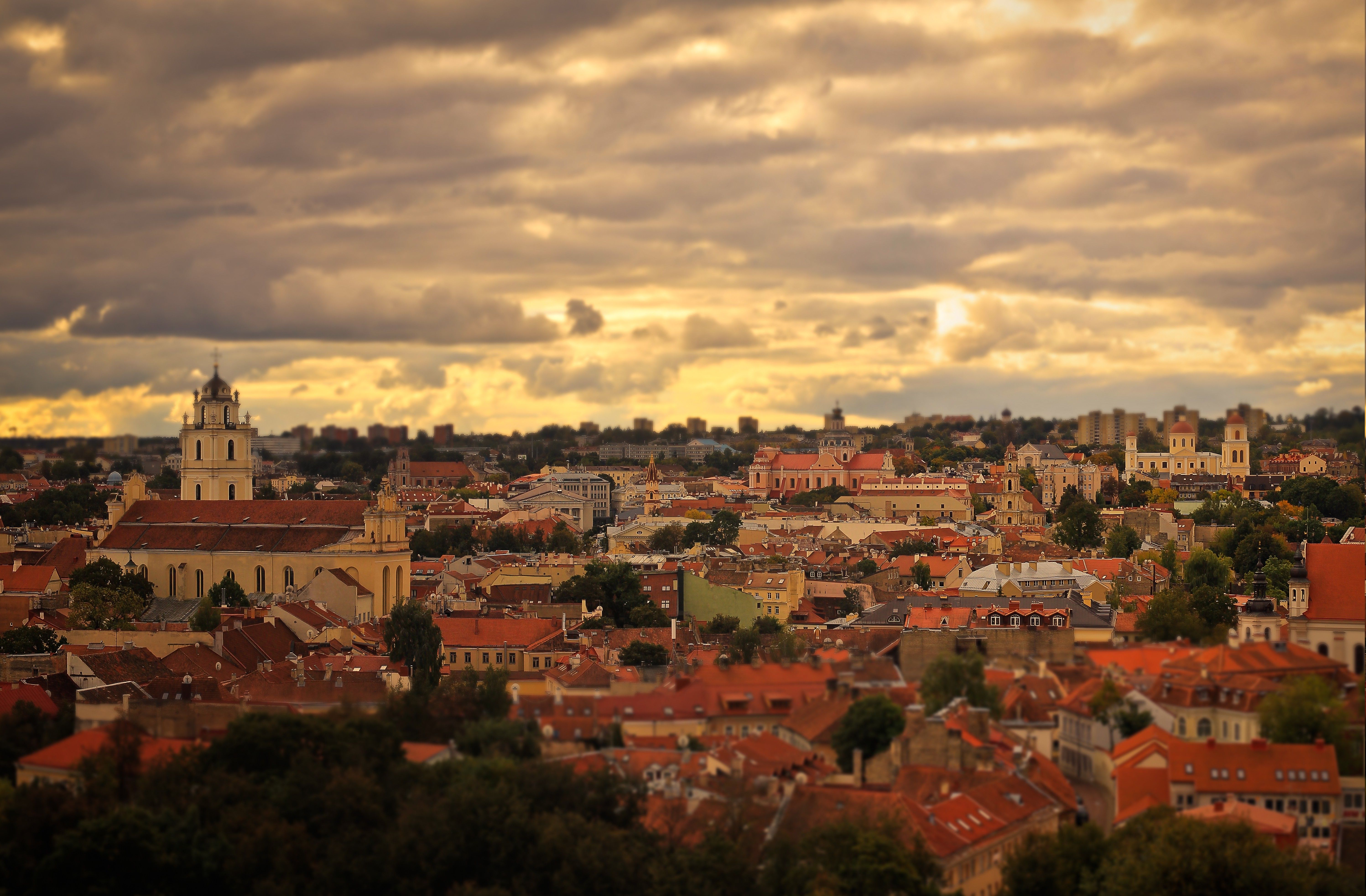 5989x3929 city, Cityscape, Landscape, Lightsaber, Lighter, Lights, Evening, Morning, Sky, Lithuania, Vilnius Wallpaper HD / Desktop and Mobile Background