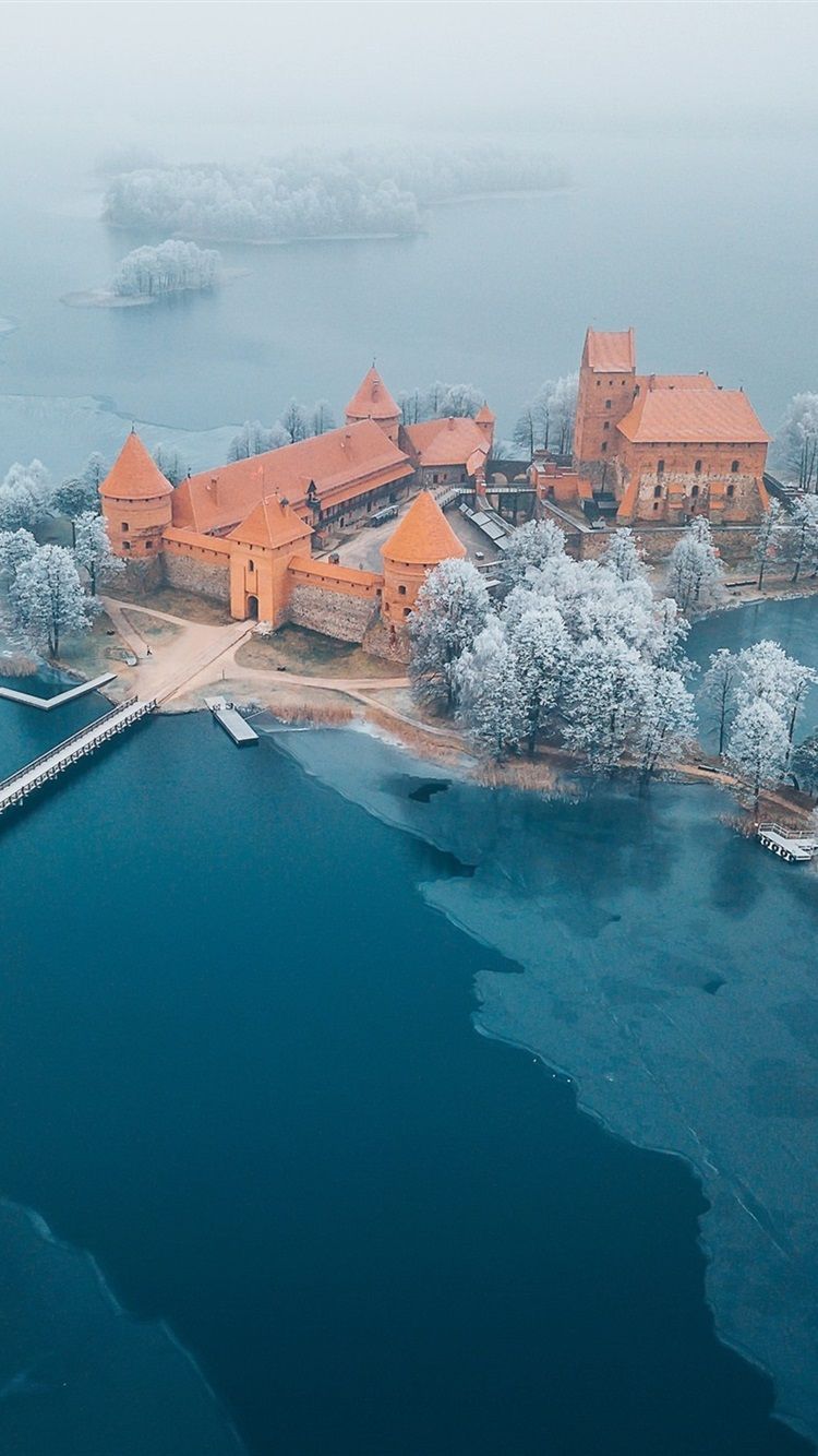 750x1334 Water Castle, Lithuania, Trakai, Trees, Lake, Winter 750x1334 IPhone 8 7 6 6S Wallpaper, Background, Picture, Image