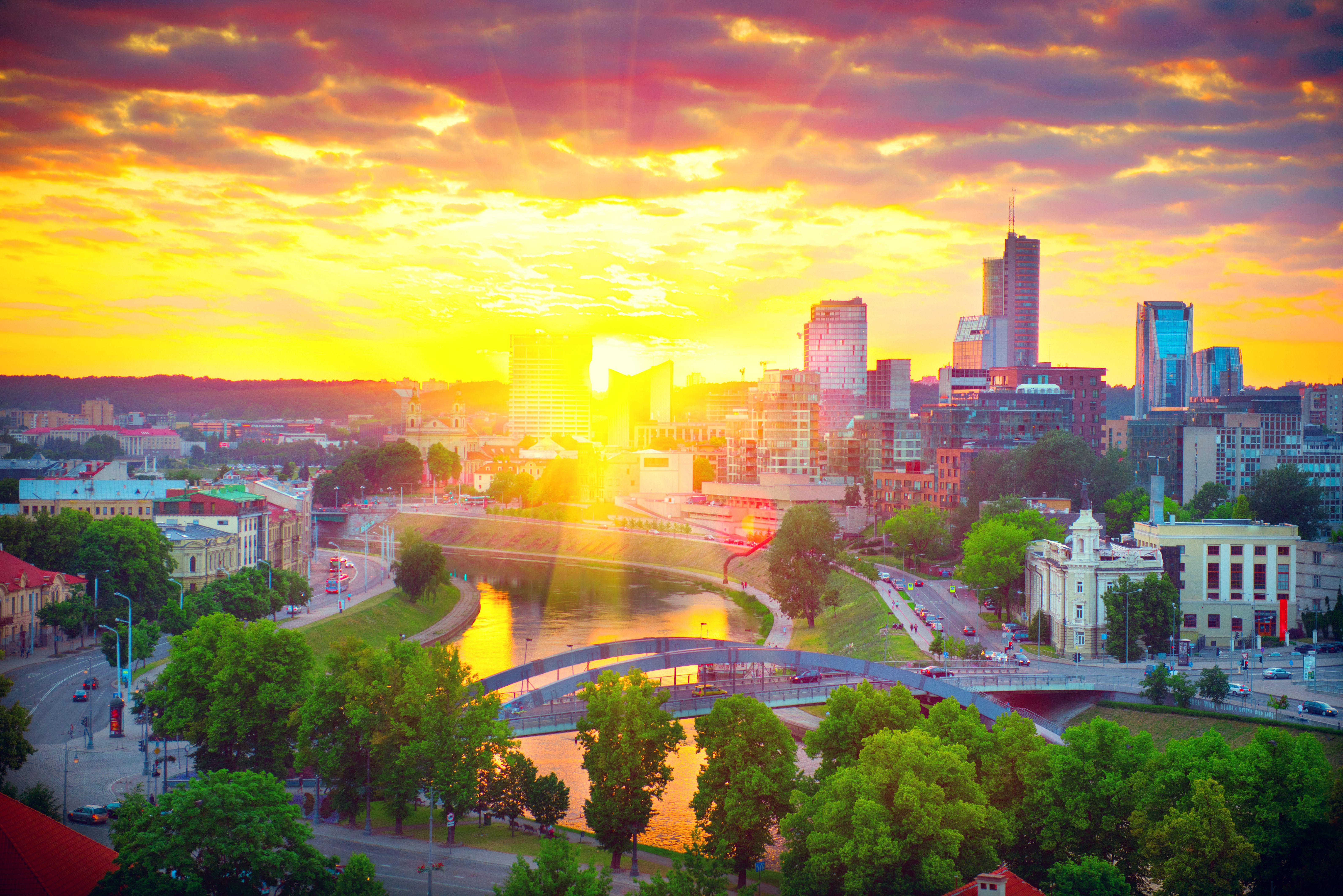 6360x4245 Vilnius, Lithuania. Panorama of Vilnius on sunset. View to moder