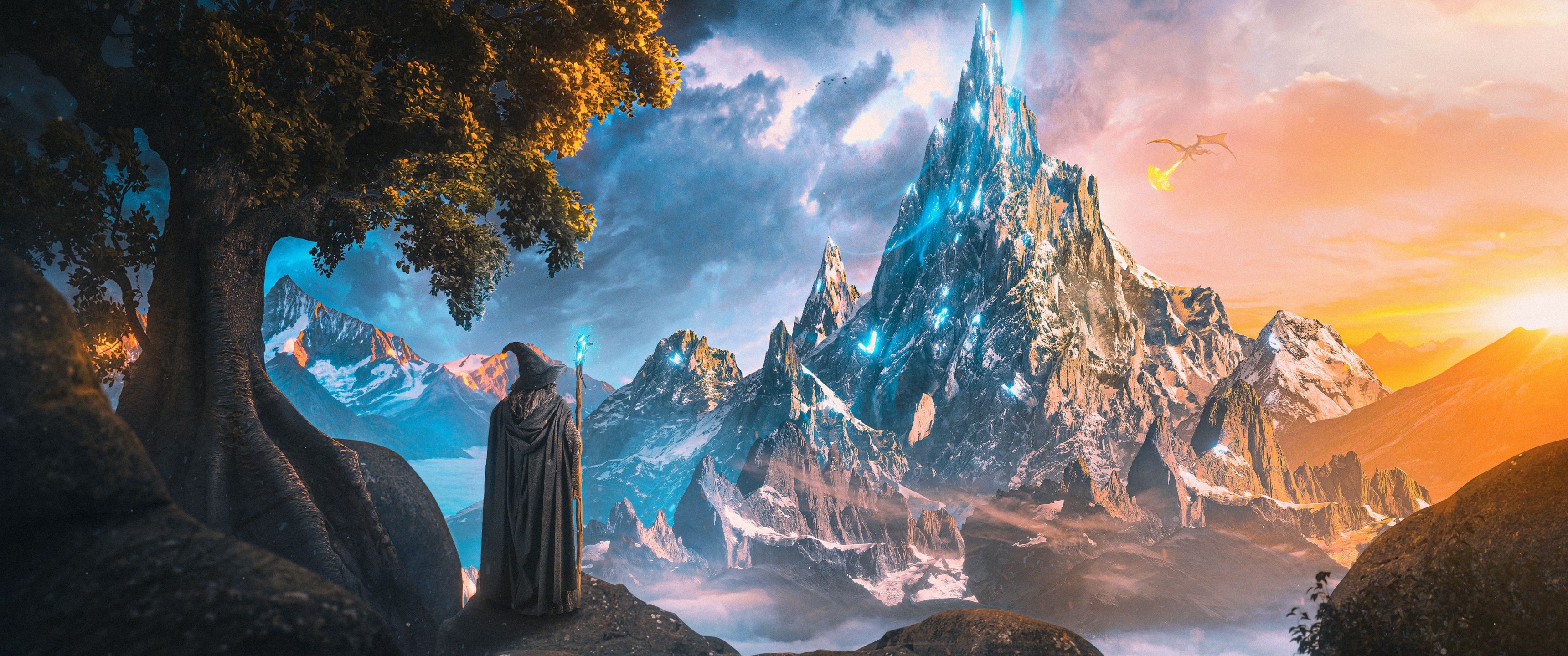3440x1440 Mountain Wallpaper 4K, Fantasy artwork, Ultrawide