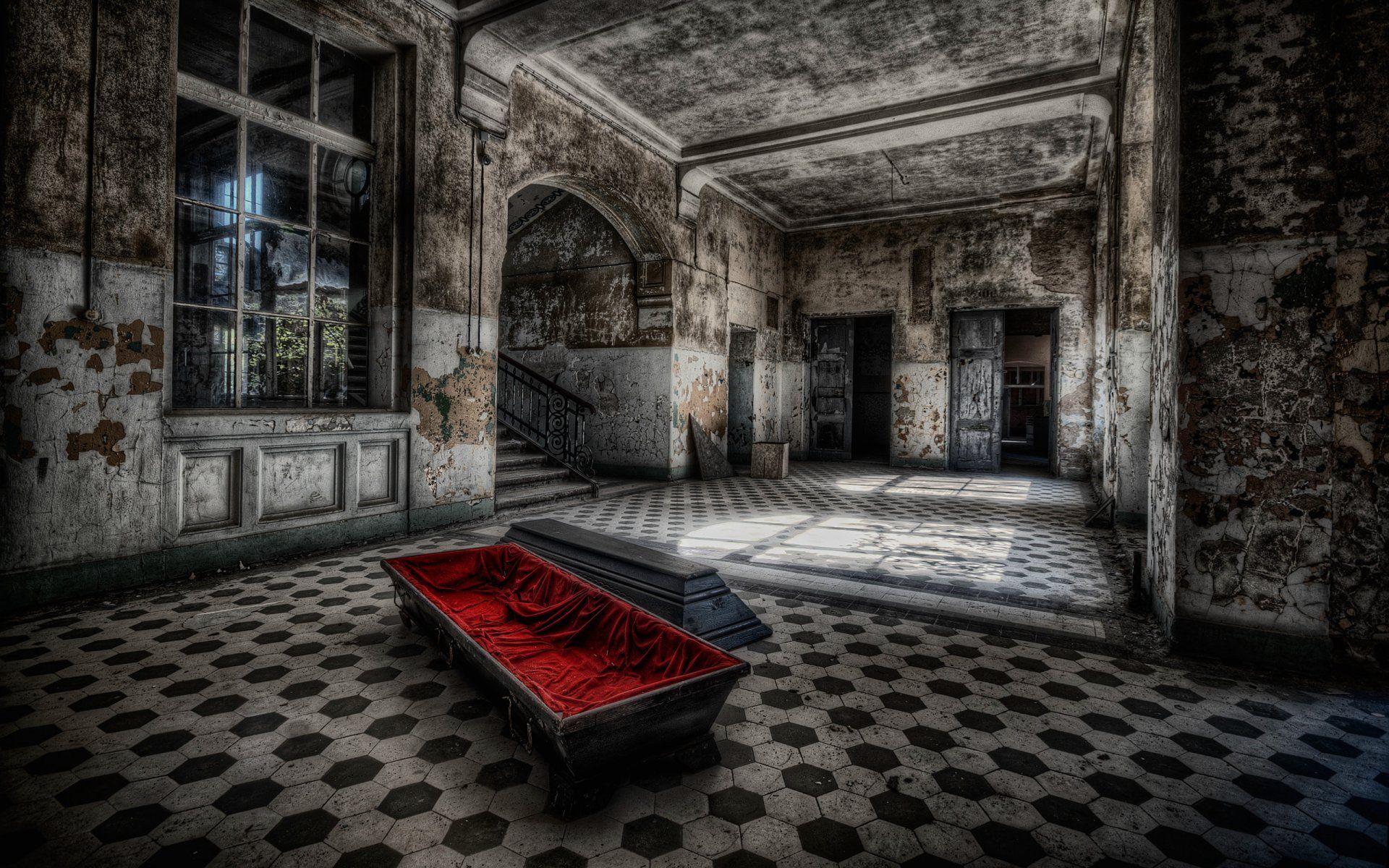 1920x1200 Free download dark room casket fine red velvet windows walls dirt