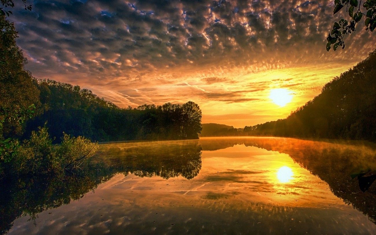 1300x812 nature, Landscape, Water, Mist, Liquid, Lake, Sunset, Forest, Calm, Hill, Clouds, Yellow Wallpaper HD / Desktop and Mobile Background