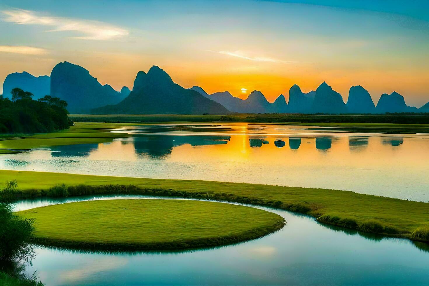1470x980 The Li River, China, Mountains, Sunrise, Landscape, HD Wallpaper. AI Generated