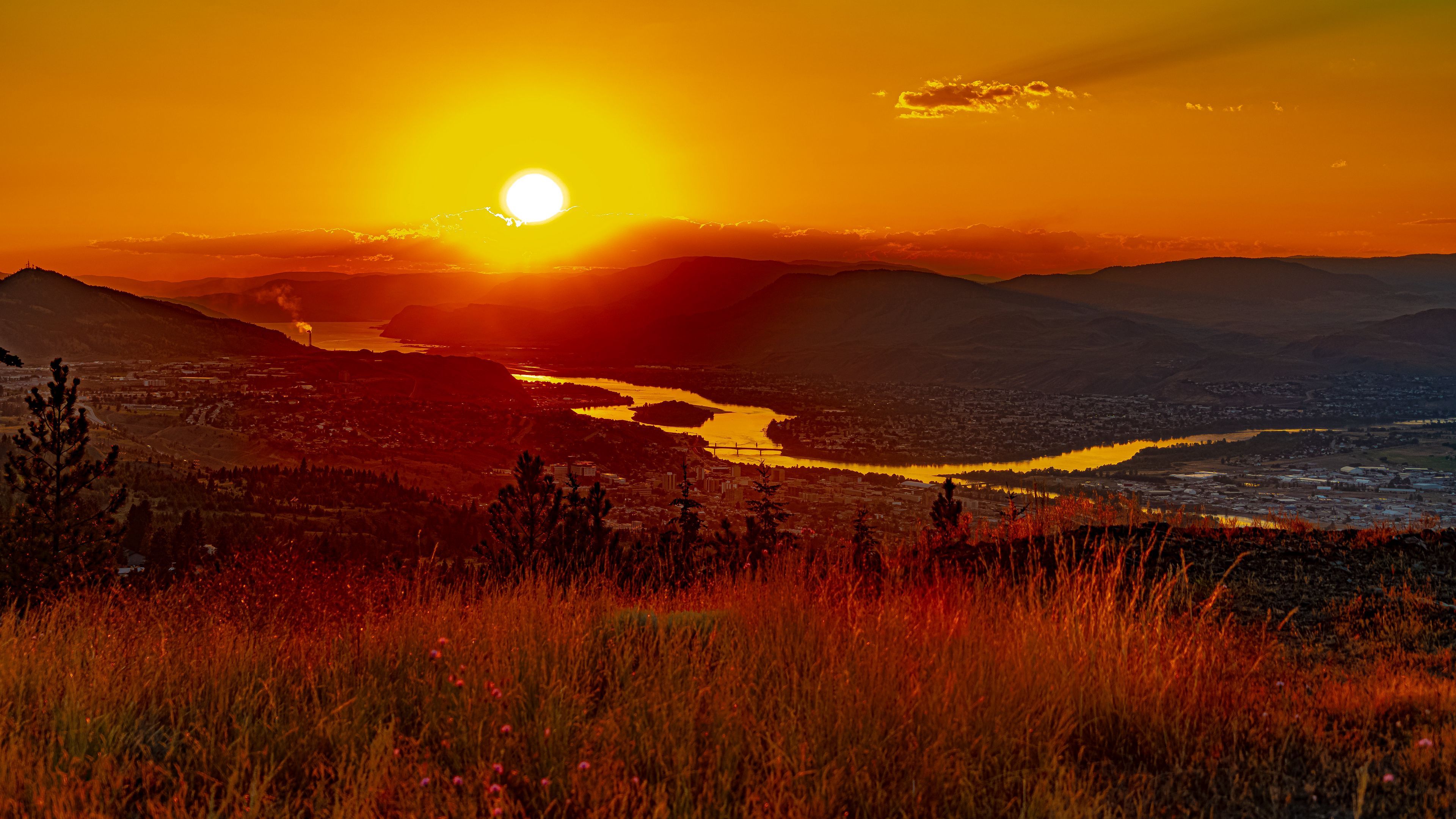3840x2160 Landscape Sunset River Hills Trees Reflection Yellow Red Sky Dark Background 4K HD Dark Background Wallpaper