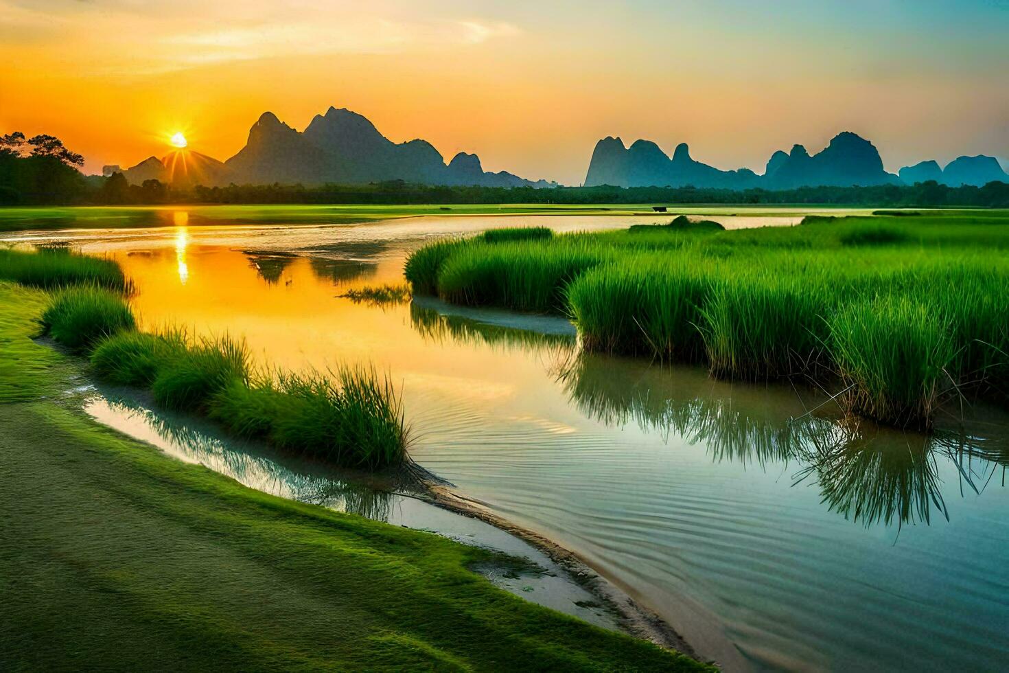 1470x980 The Li River, Mountains, Sunrise, Green, Water, Landscape, HD Wallpaper. AI Generated